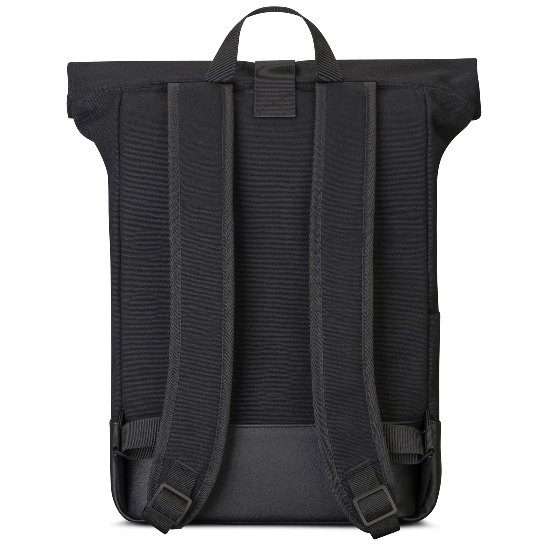 Rückansicht des schwarzen Rolltop-Rucksacks Adam Medium mit gepolsterten Schultergurten und Trageschlaufe