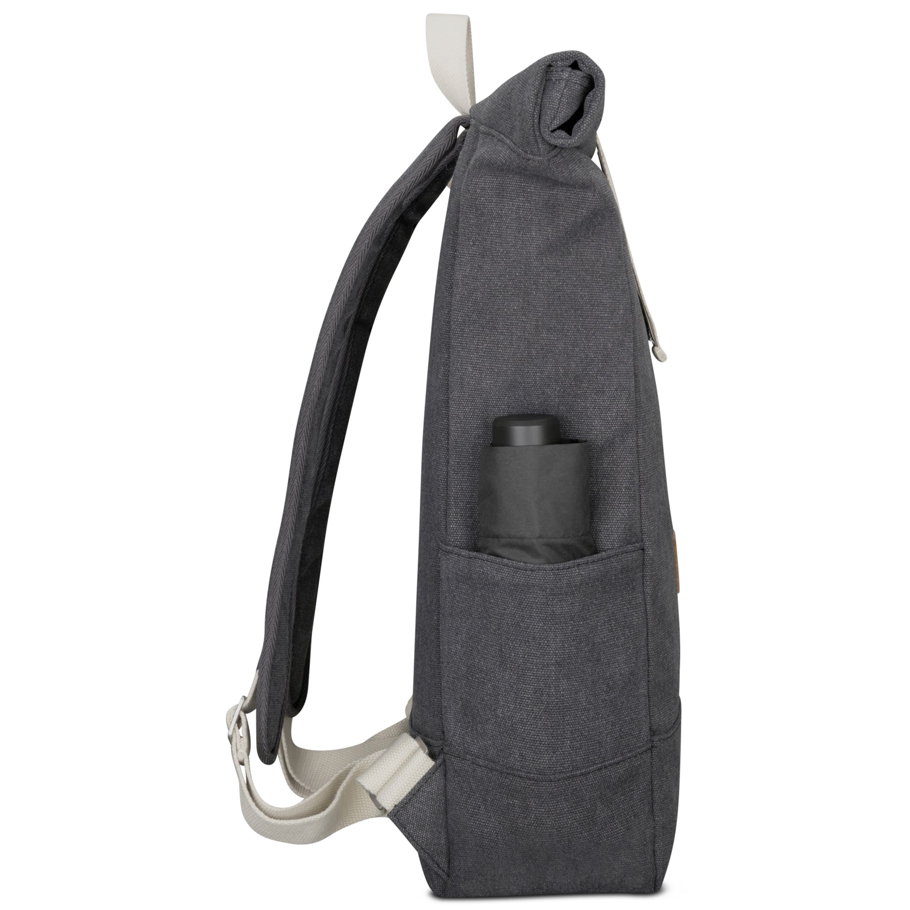 Anton Rolltop Rucksack in anthrazitgrauem Canvas mit Seitentasche und herausragendem Flaschenfach