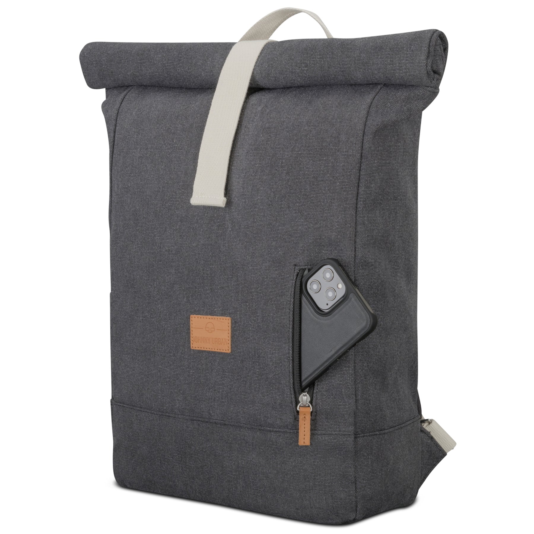 Anthrazitfarbener Rolltop-Rucksack 'Adam Large' mit Fronttasche und Smartphone