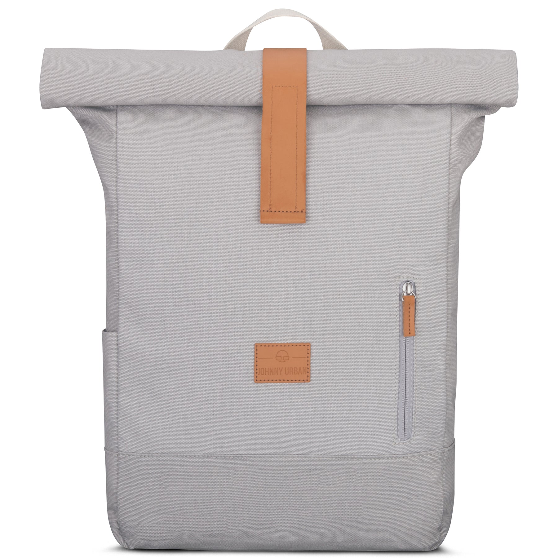 Hellgrauer Rolltop Rucksack 'Adam Large' mit braunen Lederdetails und seitlichem Reißverschlussfach