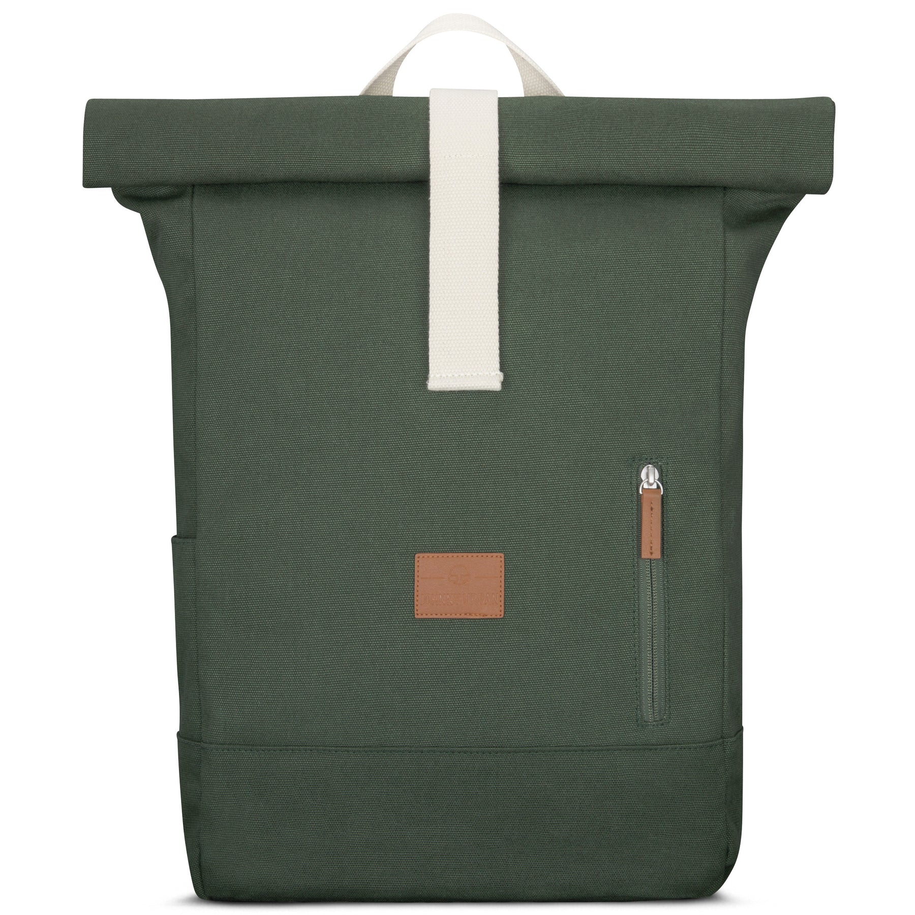 Rolltop Rucksack 'Adam Large' in grün aus Canvas mit weißem Verschlussriemen und Fronttasche mit Reißverschluss