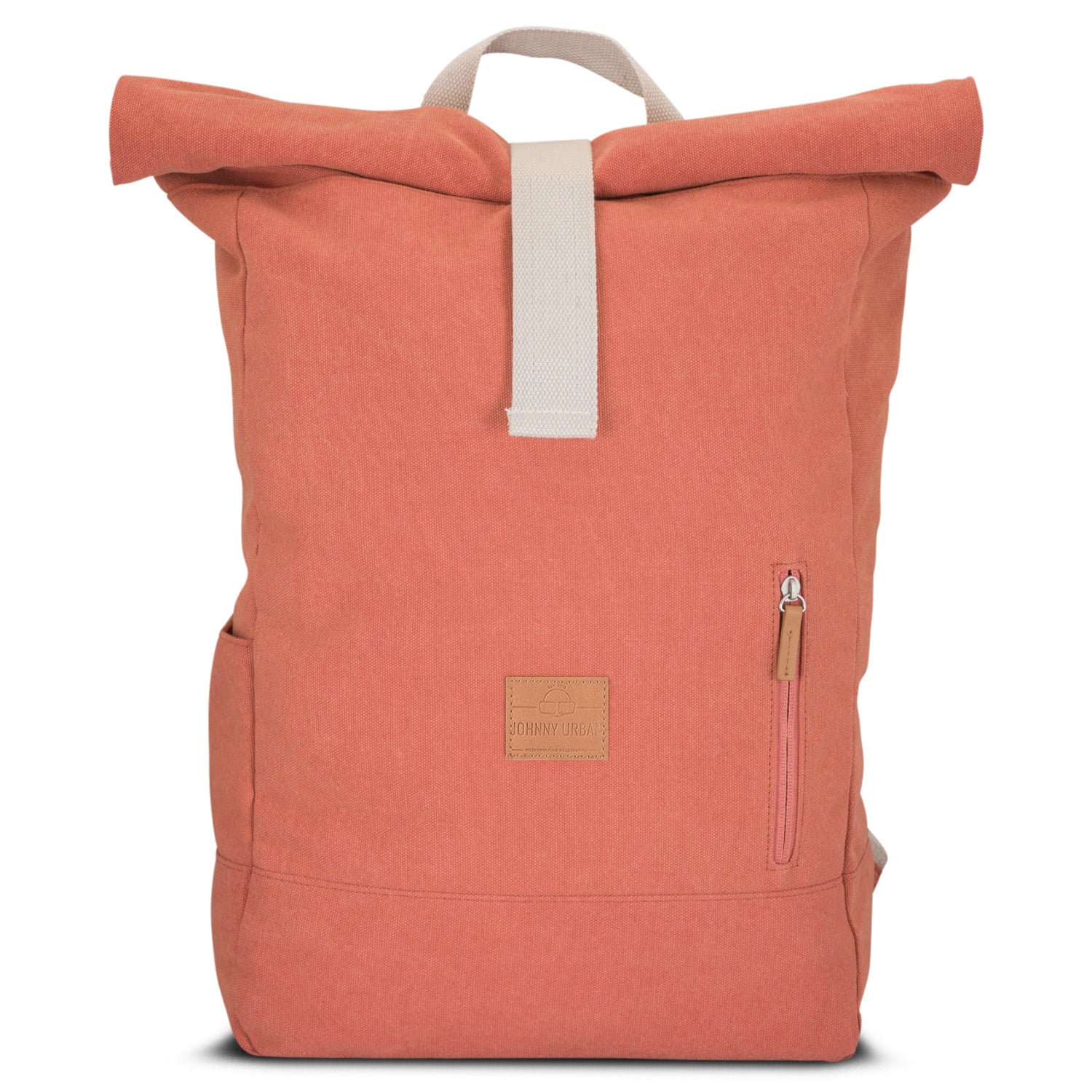 Johnny Urban Rolltop Rucksack 'Adam Large' aus rotem Canvas mit hellem Tragegriff und frontaler Reißverschlusstasche