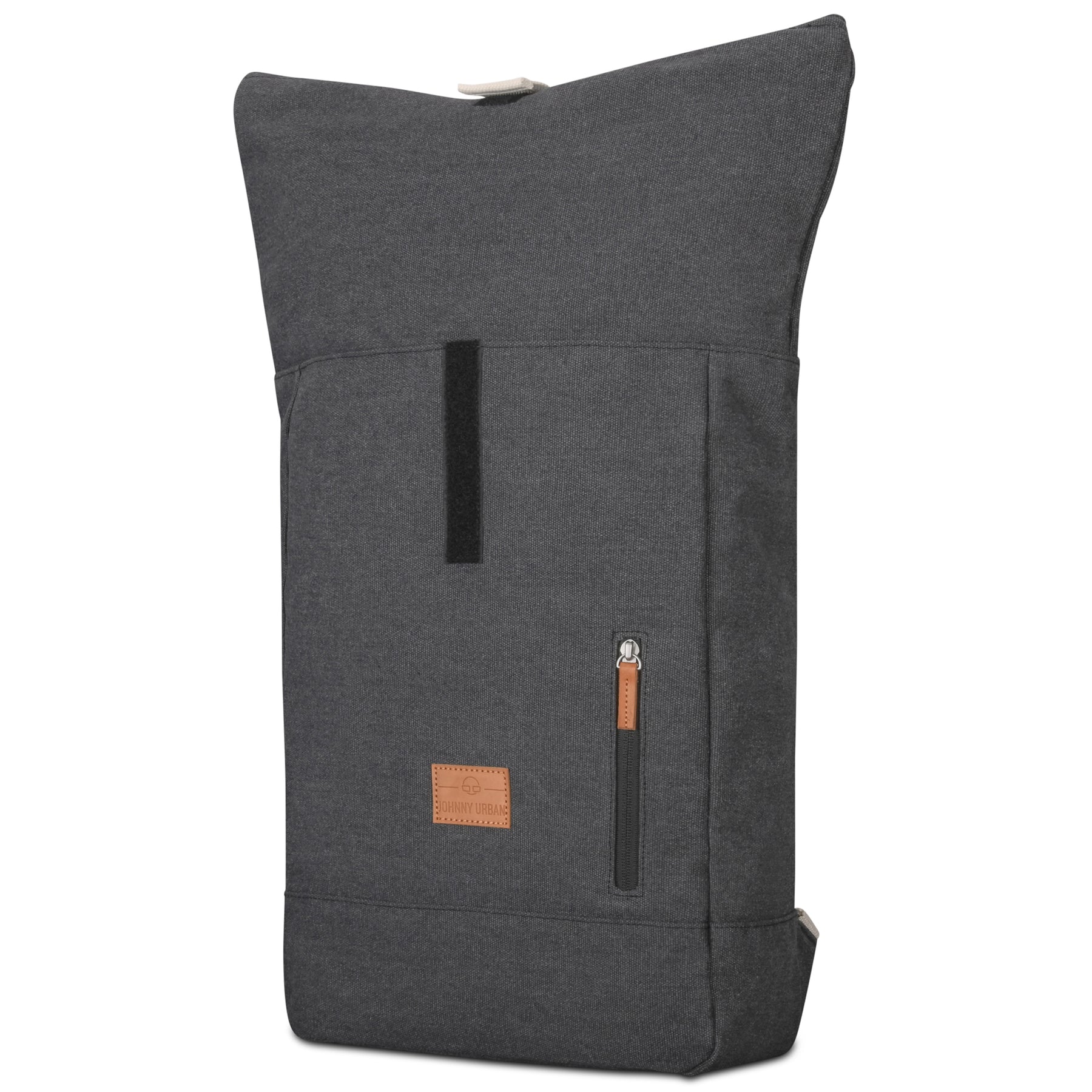 Johnny Urban Rolltop Rucksack 'Adam Medium' aus anthrazitfarbenem Canvas mit Lederetikett und Fronttasche mit Reißverschluss