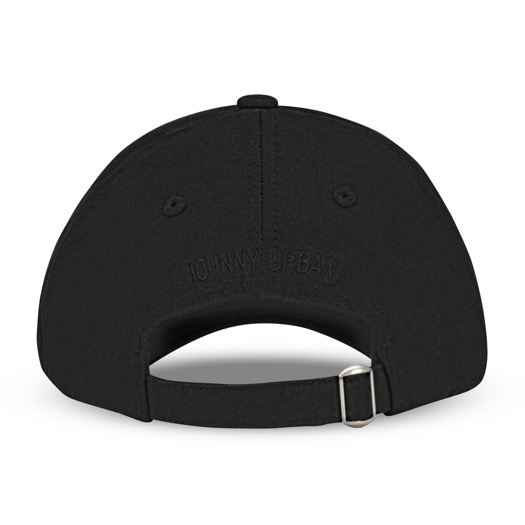 Schwarze Johnny Urban Kappe 'Jen' Rückansicht mit verstellbarem Riemen und Metallverschluss