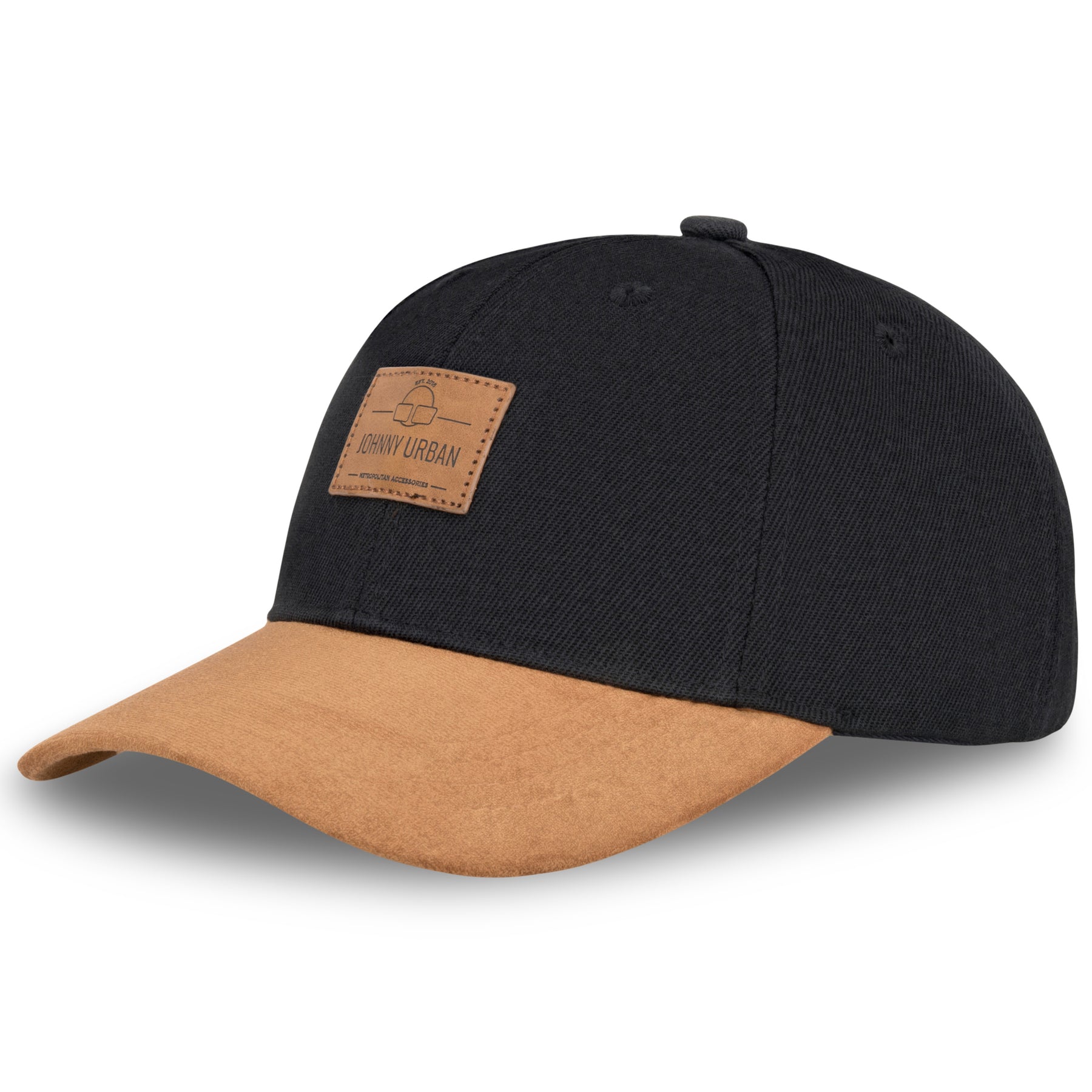 Schwarze Cap 'Dean' mit braunem, gebogenem Schirm und Lederlabel mit 'Johnny Urban' Schriftzug