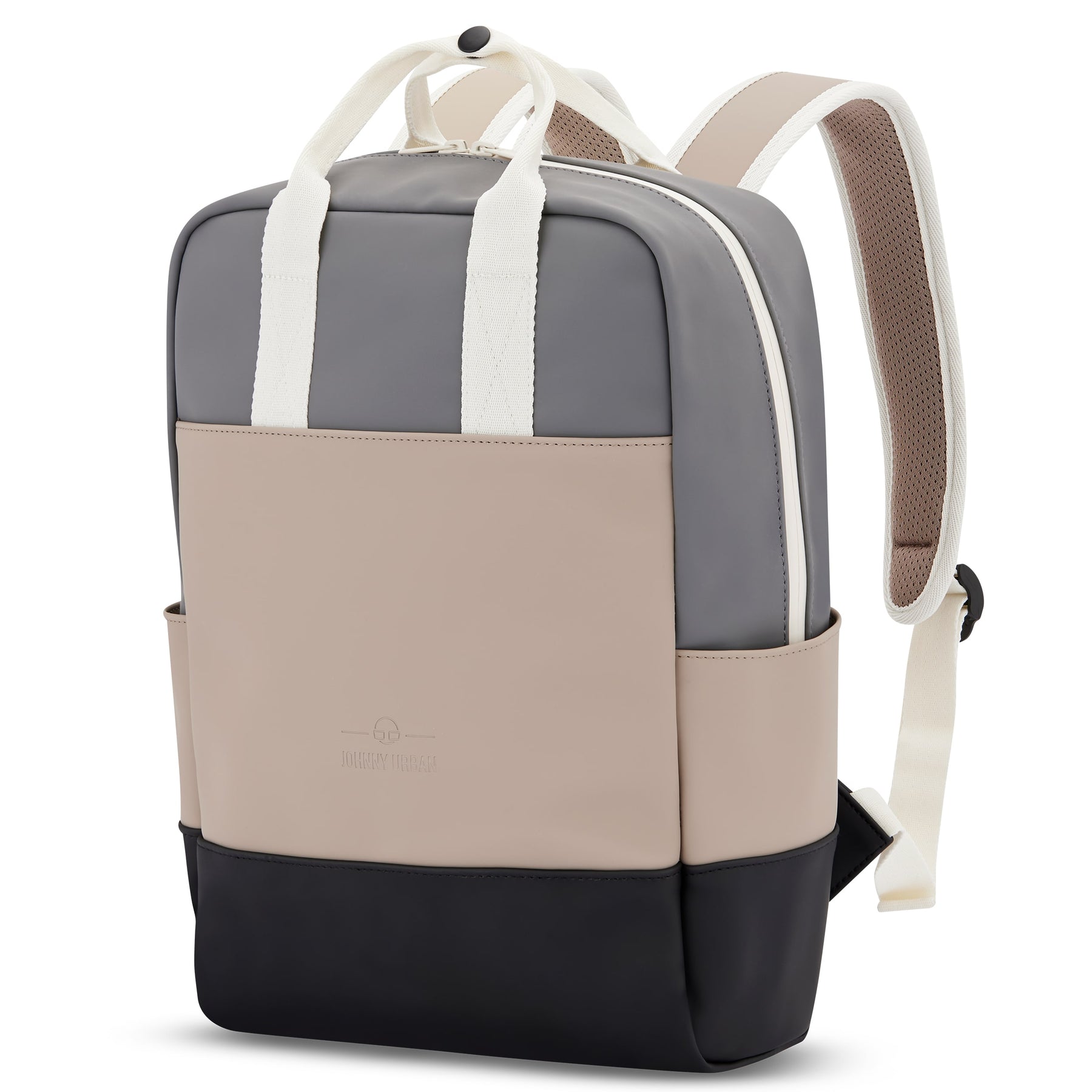 Rucksack Hailey in Beige, Grau und Schwarz mit weißen Tragegriffen und gepolsterten Trägern