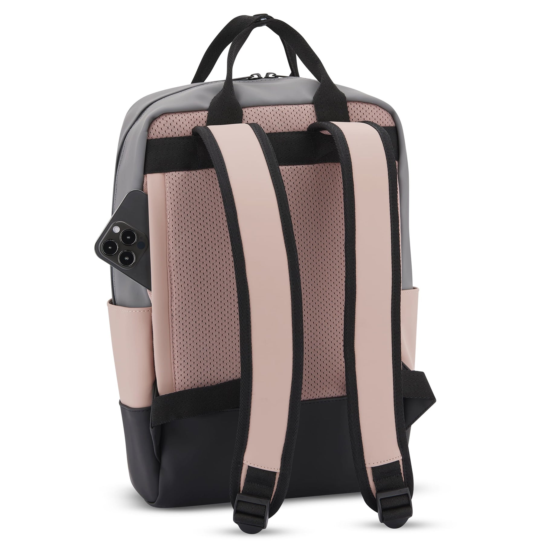 Rucksack 'Hailey' in Rosa und Grau mit gepolsterten Rückenteilen und zwei Schulterriemen, Handy seitlich in Tasche gesteckt