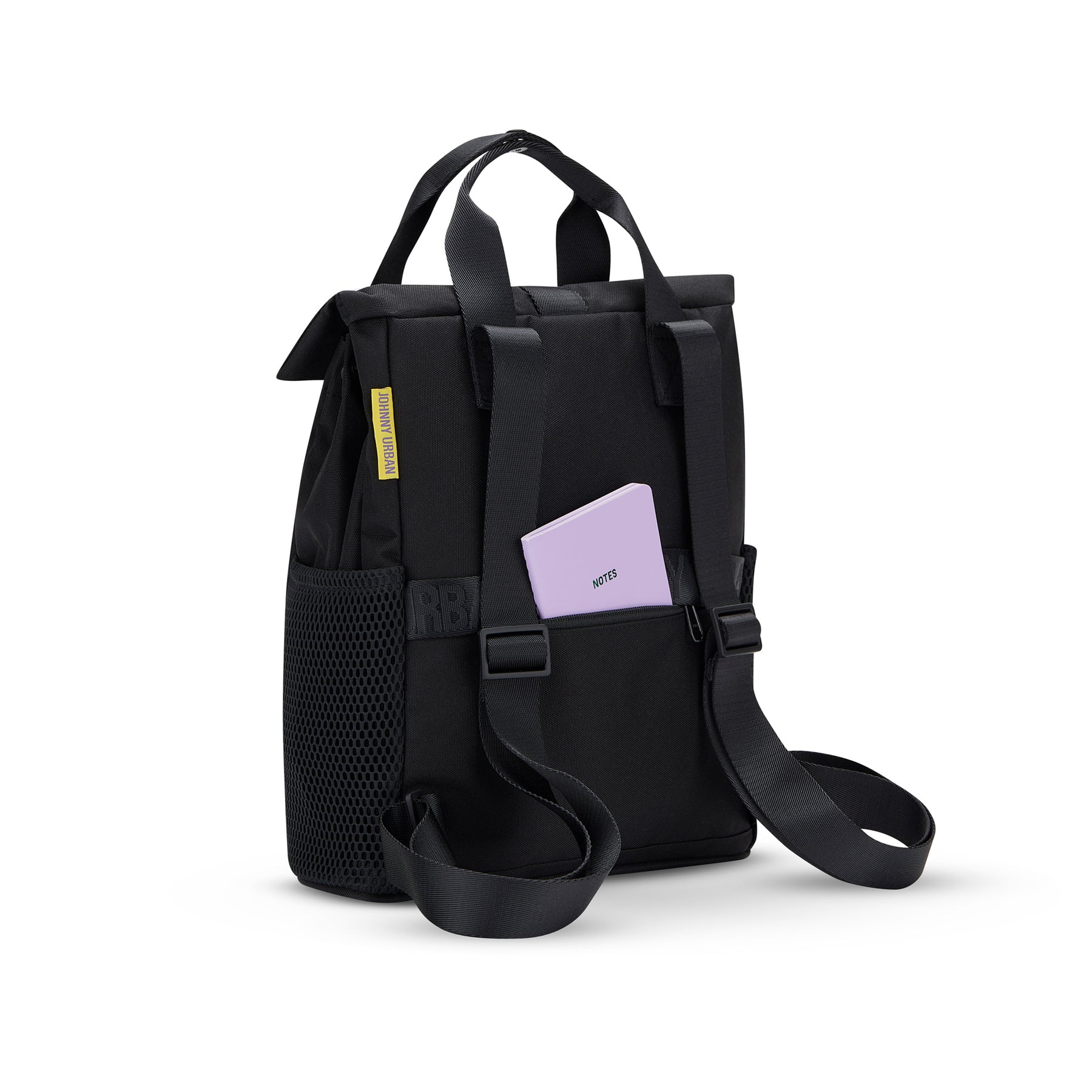 Schwarzer Damen-Rucksack 'Jules' von Johnny Urban mit Netzaußentasche und Notizbuch in Rückentasche