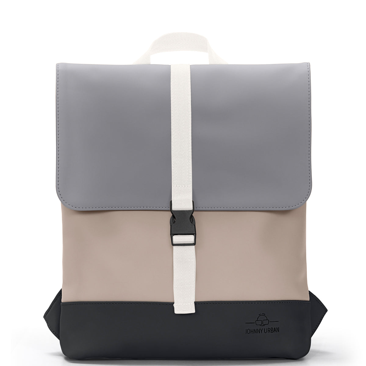 Damenrucksack 'Ruby' in beige, grau und schwarz mit weißem Riemen und schwarzem Verschluss