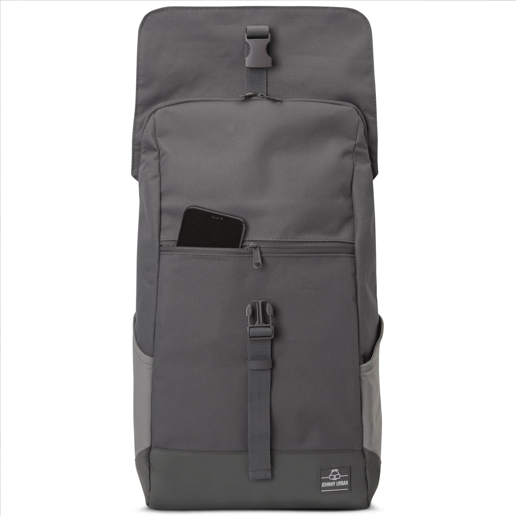 Dunkelgrauer Rucksack 'Mika' von Johnny Urban mit seitlichen Taschen und Vorderfach mit Reißverschluss, Handy steckt vorne