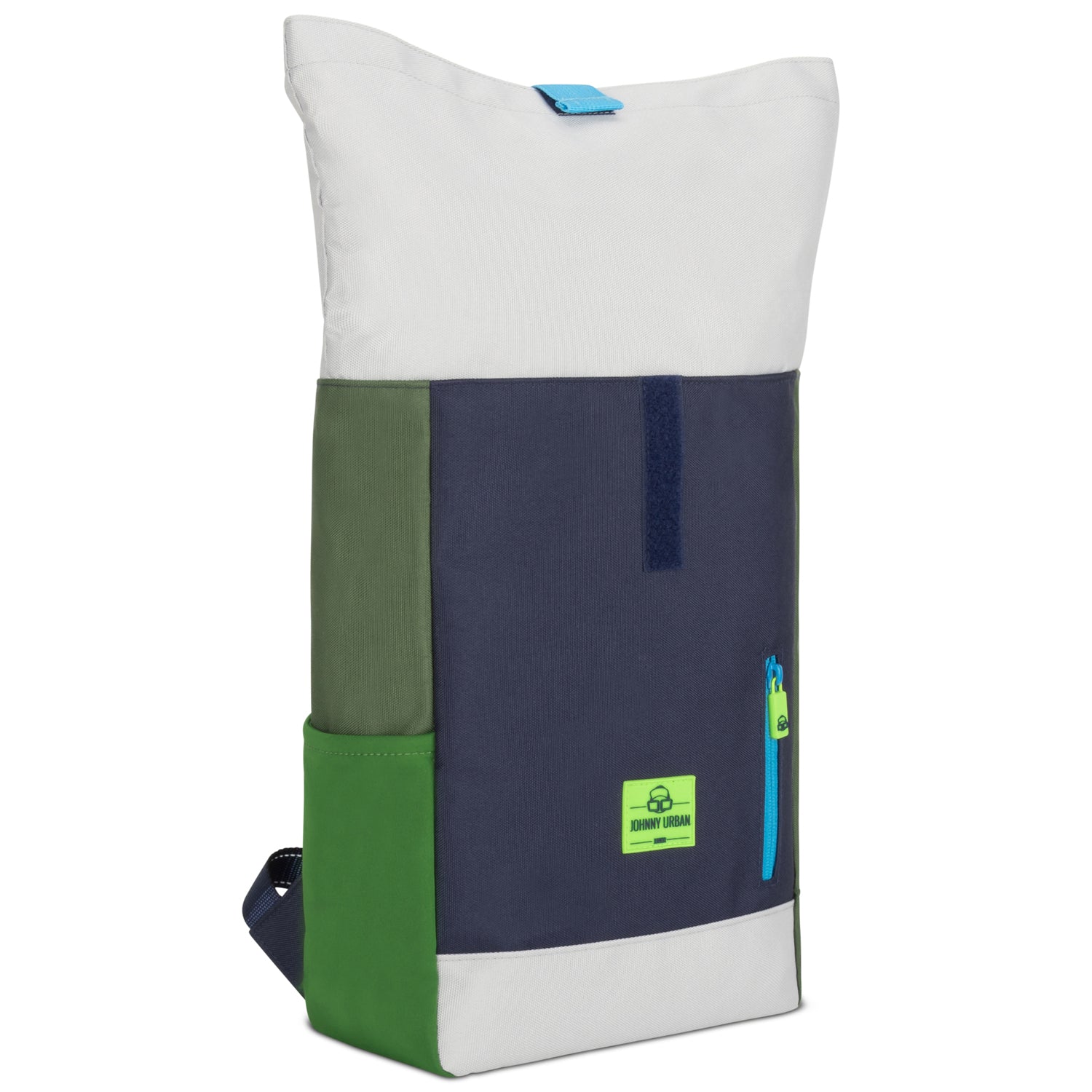 Rolltop-Kinderrucksack Aaron von Johnny Urban in Weiß, Blau, Grün mit seitlicher Tasche und Reißverschluss