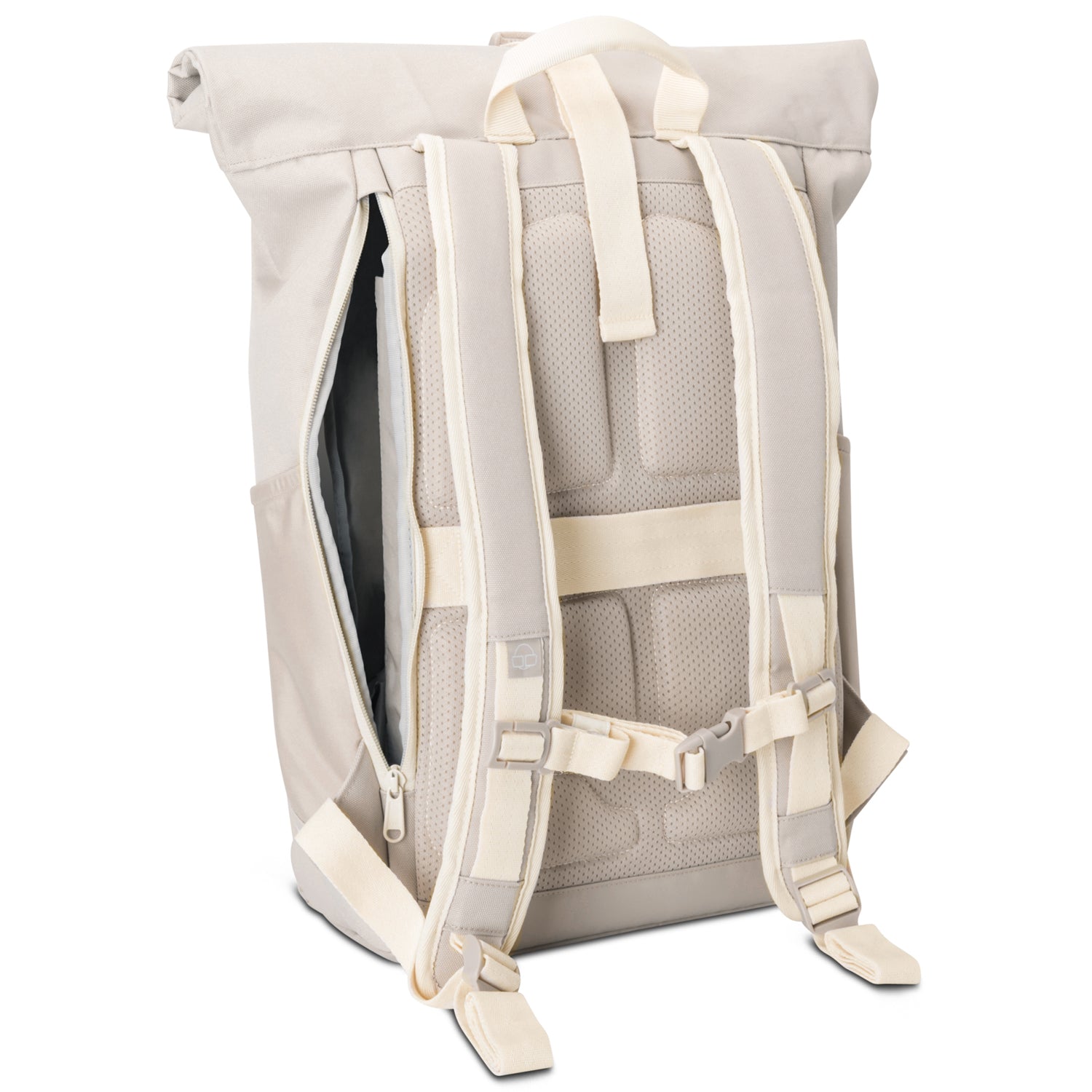 Rückansicht des beigen Johnny Urban Rolltop Rucksacks Allen Medium mit gepolsterten Schultergurten und geöffnetem Seitenfach