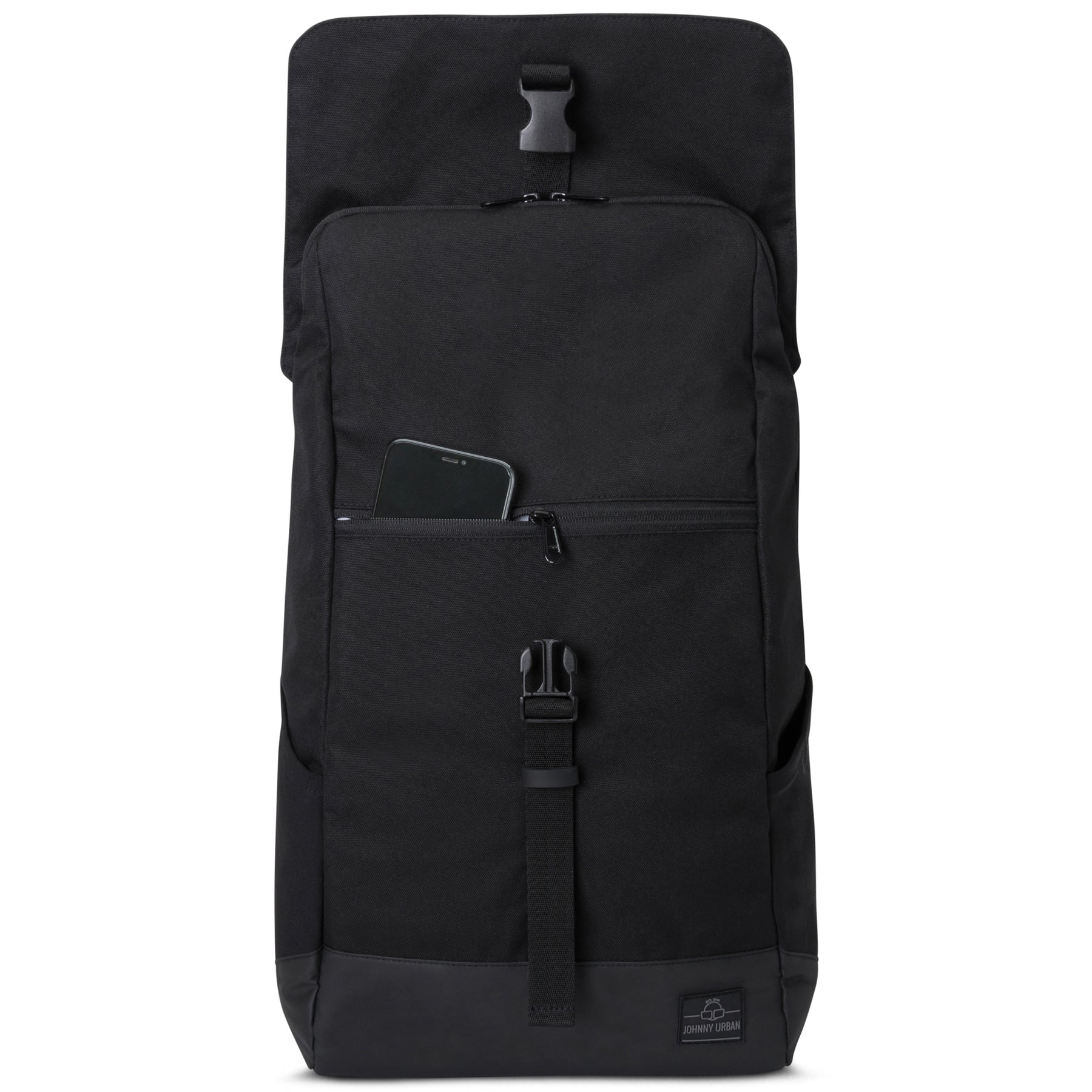 Schwarzer Tagesrucksack 'Mika' mit einem Smartphone in der vorderen Reißverschlusstasche