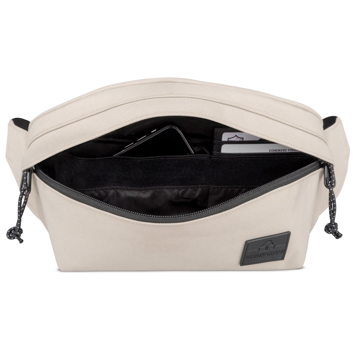Beige Bauchtasche 'Tom' von Johnny Urban mit geöffnetem Hauptfach, sichtbar Smartphone und Kartenfächer
