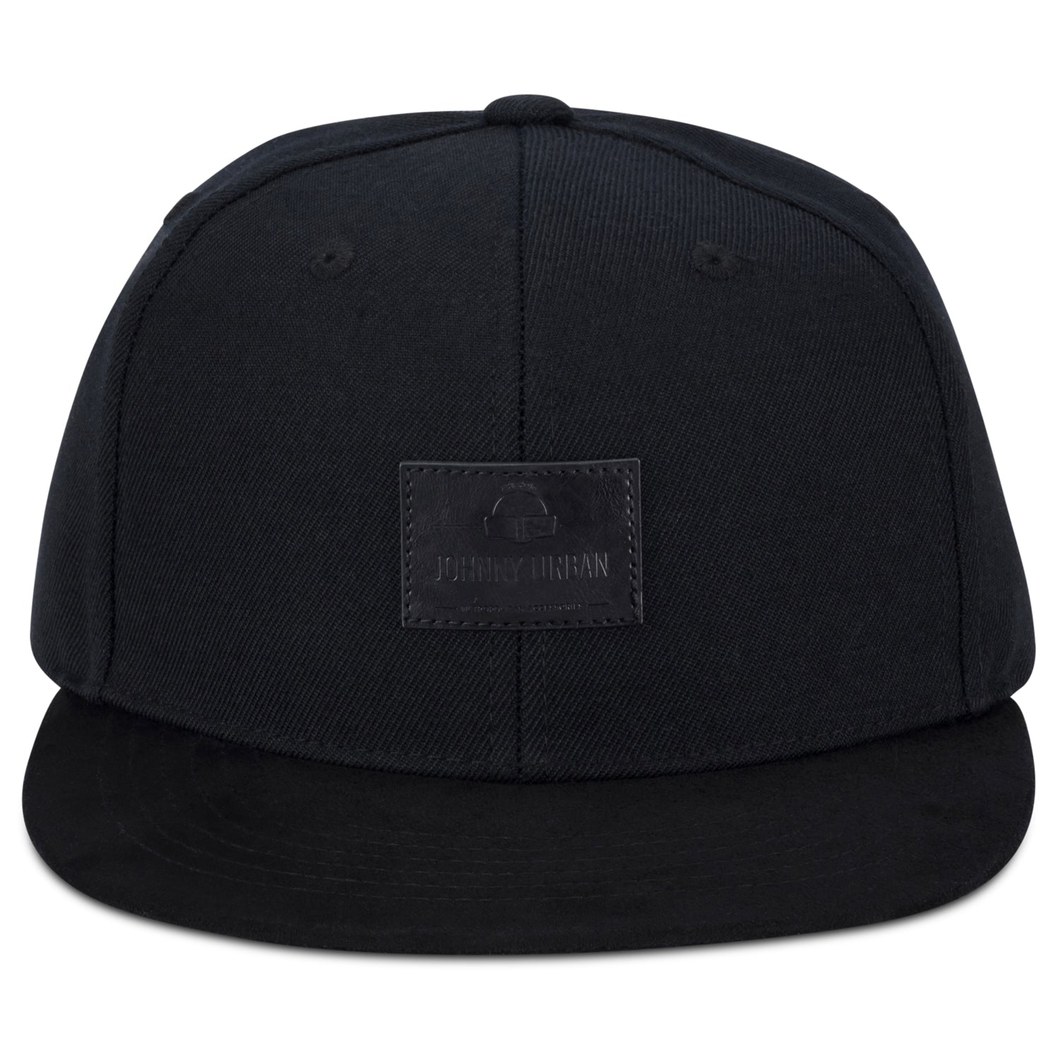 Schwarze Cap 'Dean' von Johnny Urban mit flachem Schirm und Lederpatch vorne