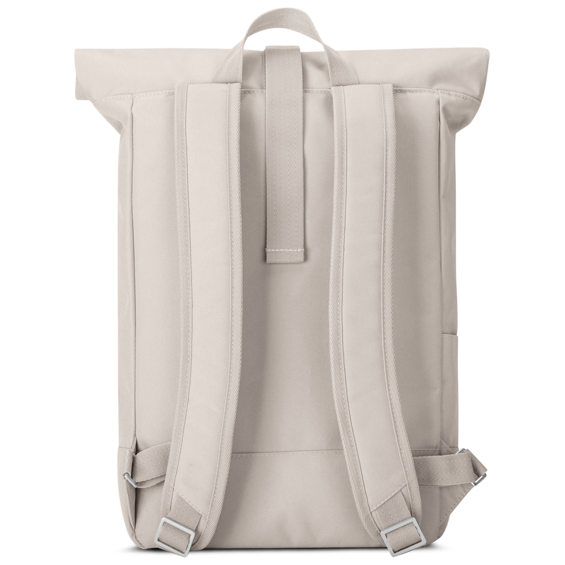 Rückansicht des beigefarbenen Rolltop Rucksacks 'Robin Medium' mit gepolsterten Schultergurten und Trageschlaufe