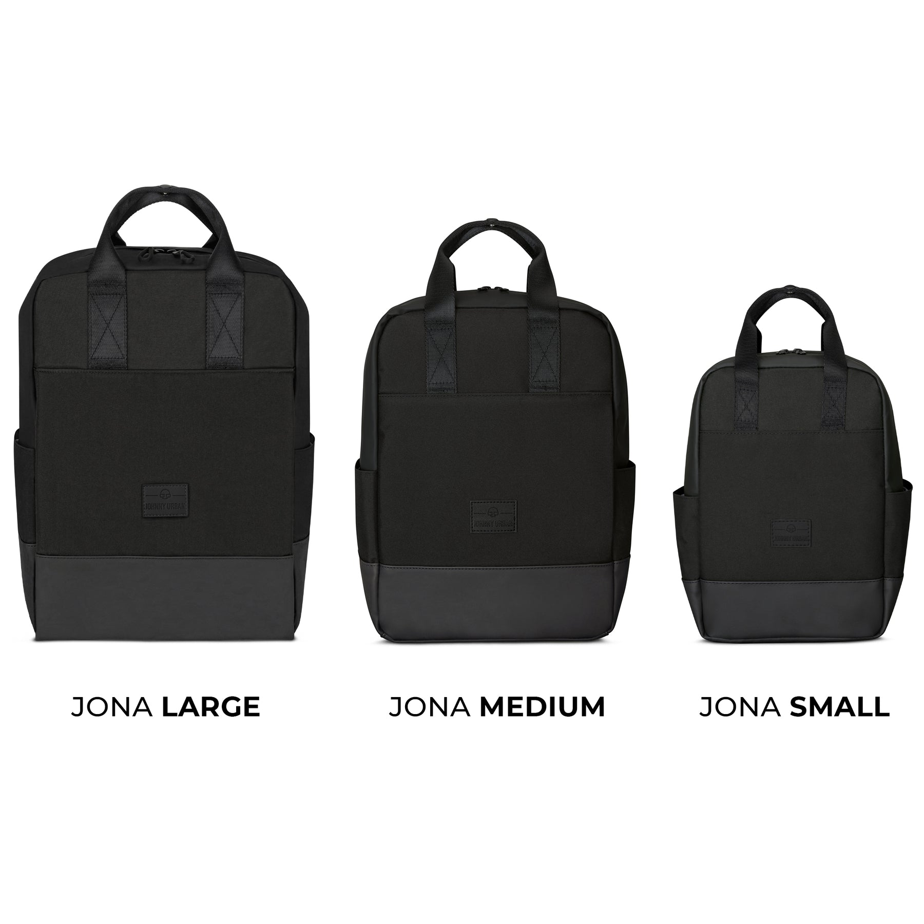 Drei schwarze Rucksäcke der Marke Johnny Urban im Modell Jona in den Größen Large, Medium und Small