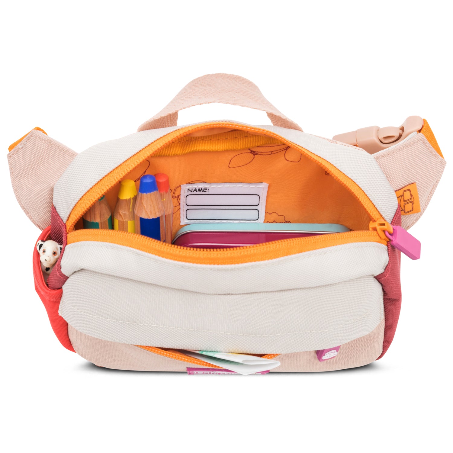 Kinder Bauchtasche 'Felix' in Rosa mit bunter Innenausstattung, gefüllt mit Buntstiften und Namensschild