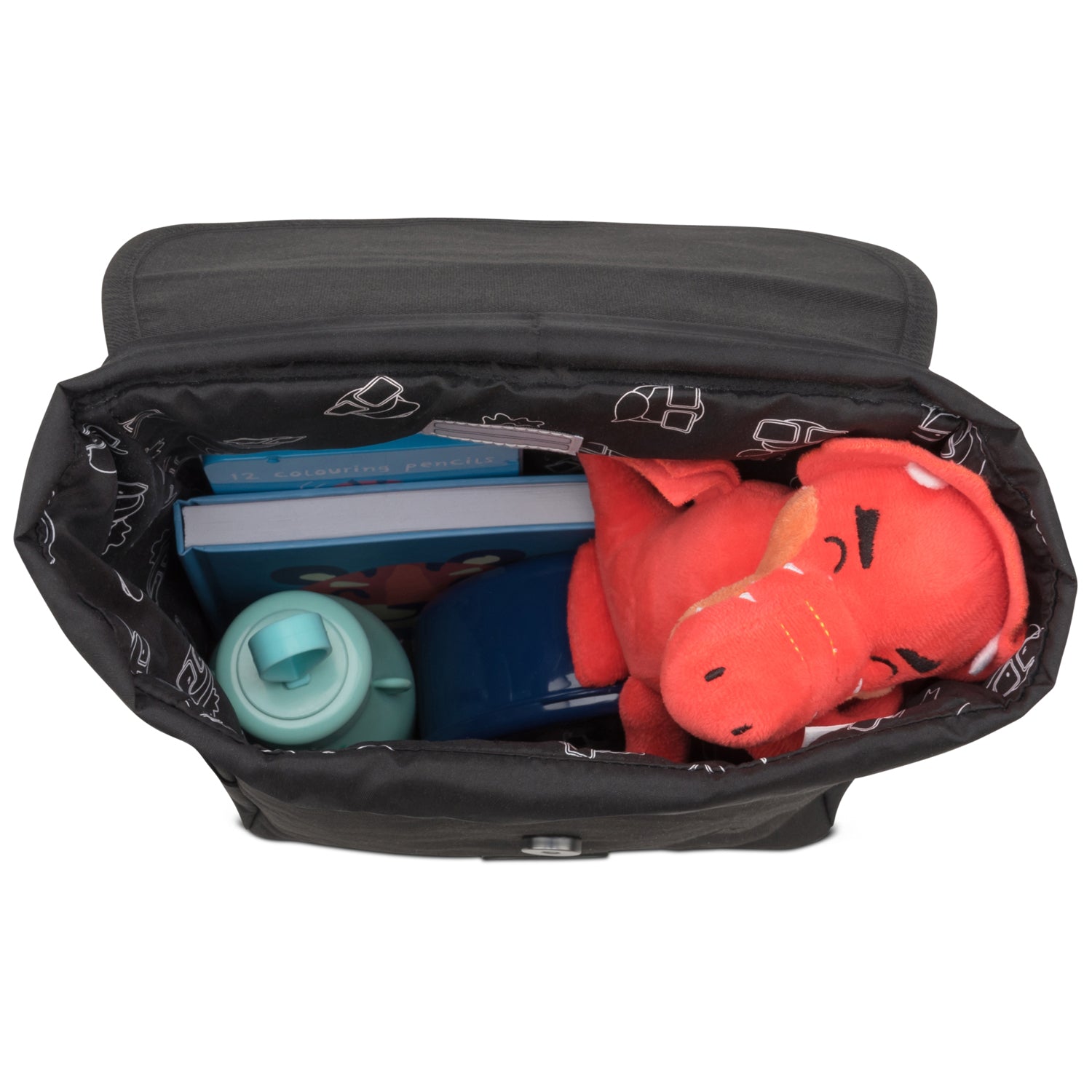 Kinderrucksack 'Liam' geöffnet mit Bücher, Wasserflasche und rotem Stofftier innen