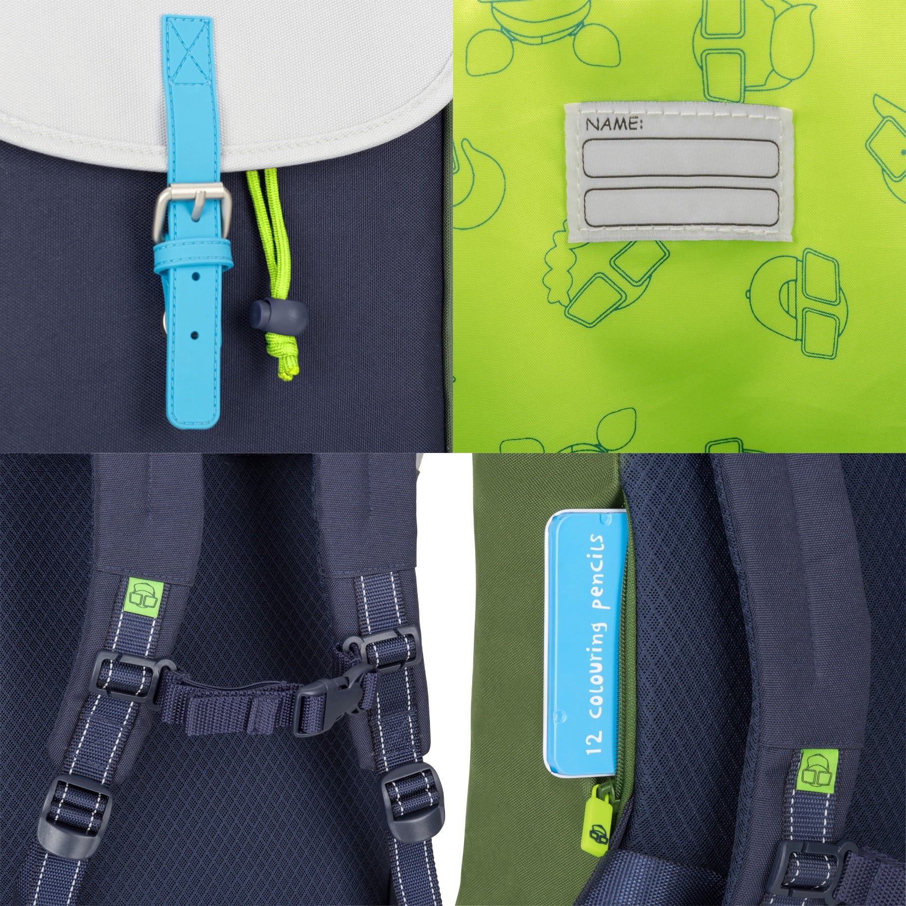 Kinderrucksack 'Liam' in Blau mit Hellblauem Schnallenriemen, grünem Innenfutter mit Namenfeld, gepolsterten Trägern mit Brustgurt und seitlicher Tasche für 12 Buntstifte