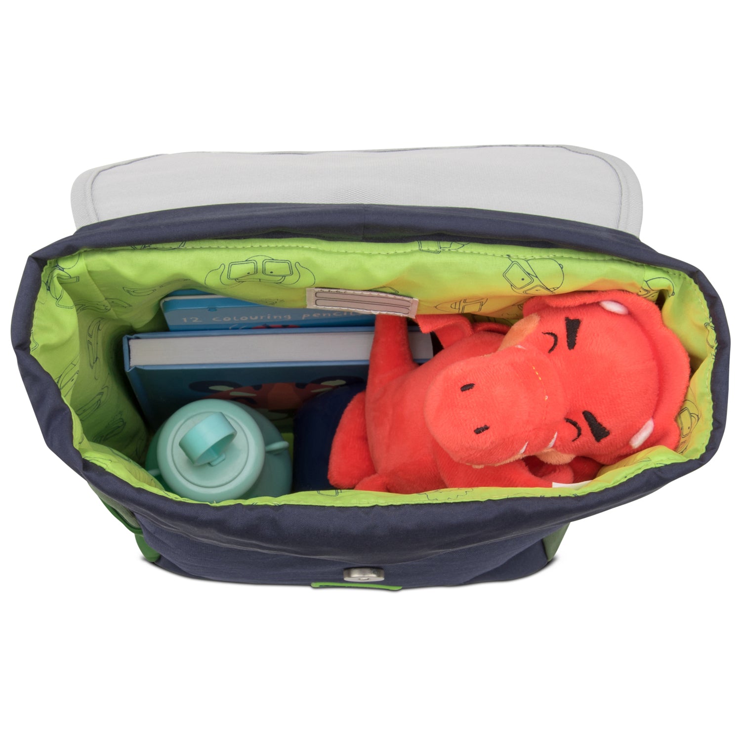 Kinderrucksack 'Liam' mit grünem Innenfutter, gefüllt mit rotem Dinosaurier-Plüschtier, Trinkflasche und Büchern