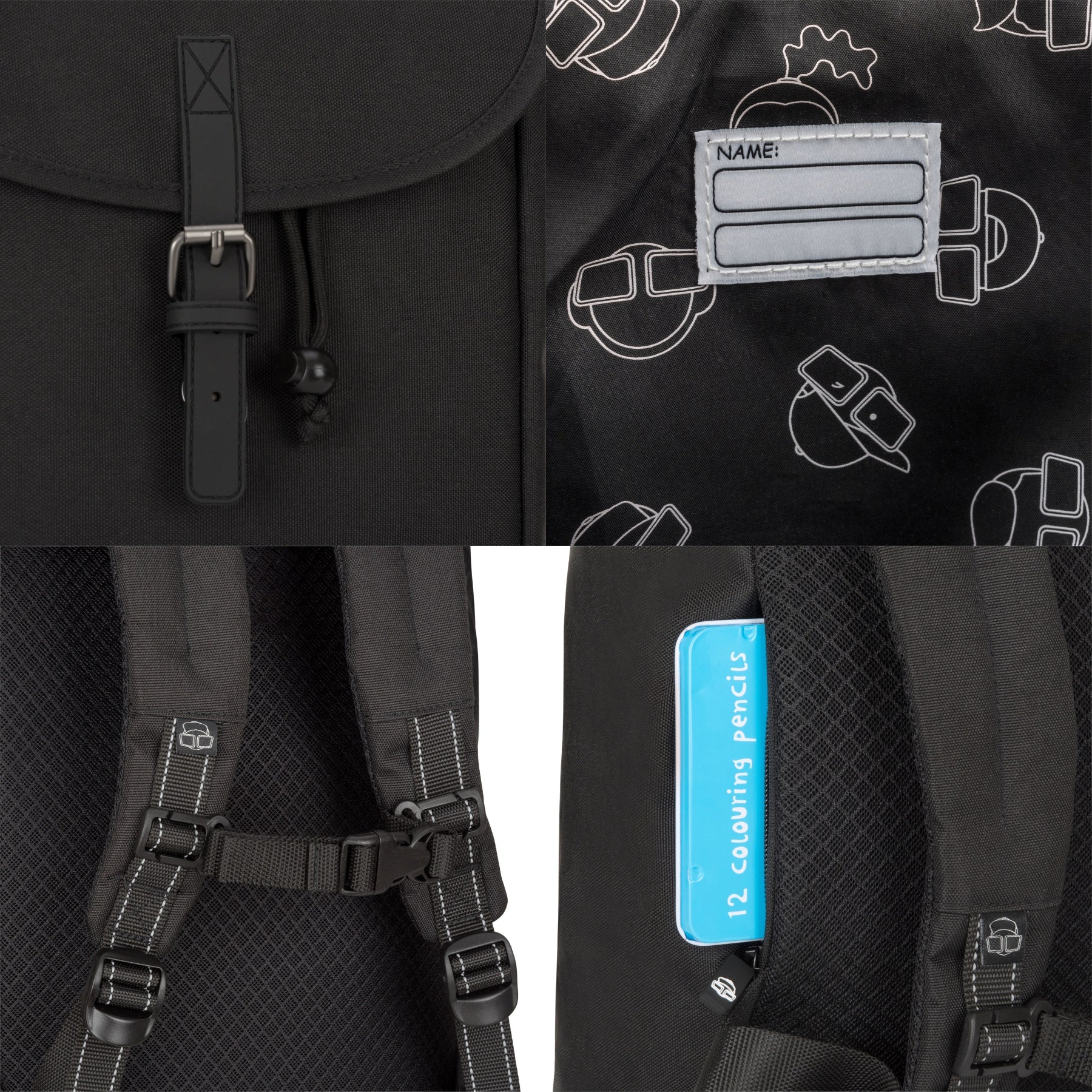 Schwarzer Kinderrucksack 'Liam' mit ergonomischen gepolsterten Trägern, Namensschild und Muster aus weißen Gesichtern
