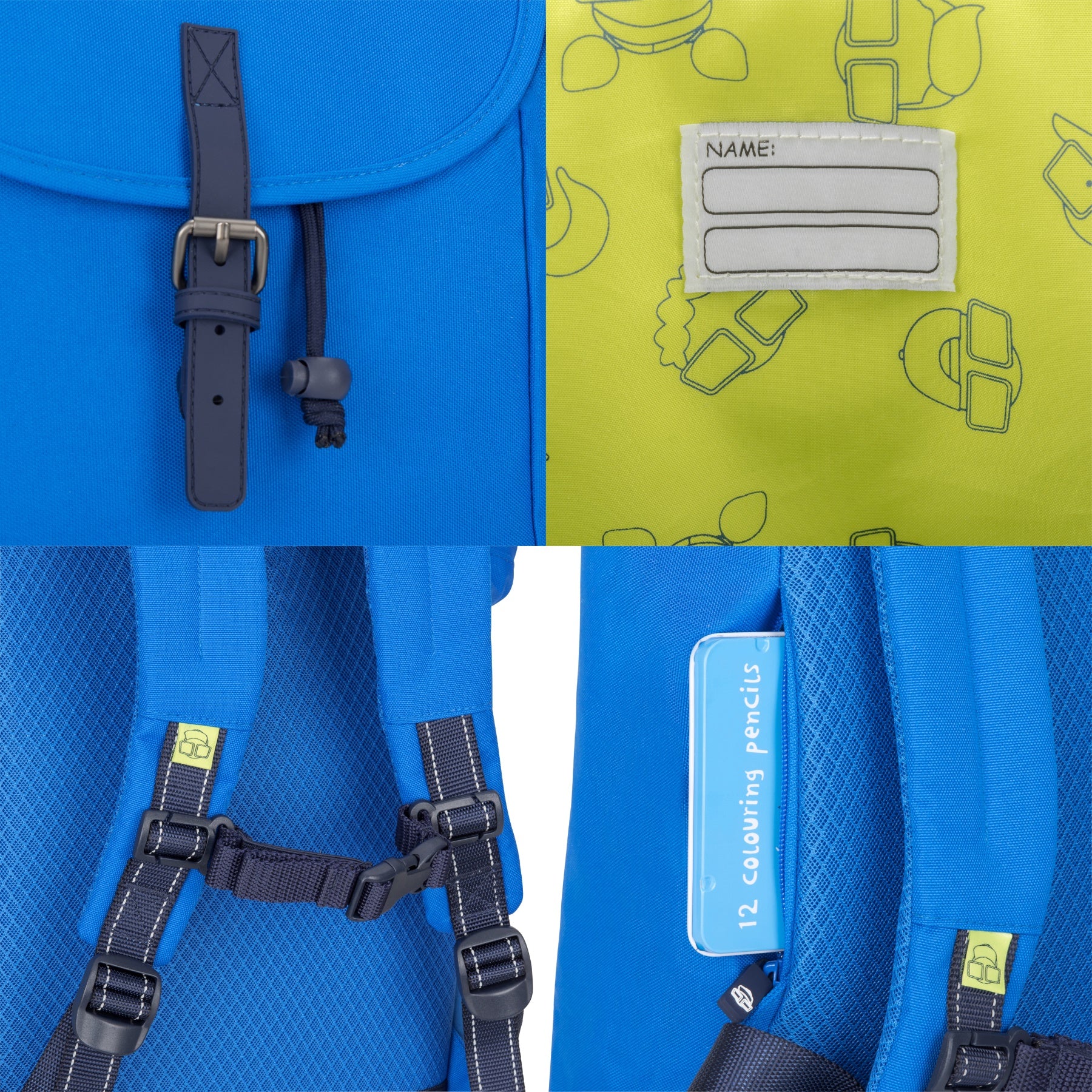 Blauer Kinderrucksack 'Liam' mit ergonomischem Rücken, verstellbaren Brustgurten, Namensschild und Packfach für 12 Buntstifte