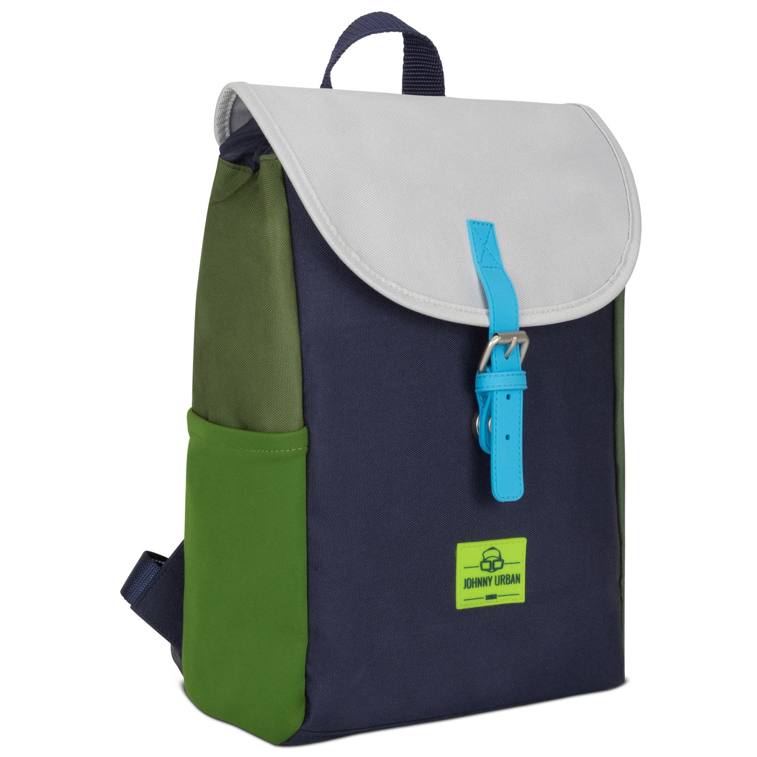 Kinderrucksack 'Liam' von Johnny Urban in Blau und Grün mit hellgrauem Klappdeckel und hellblauem Schnallenriemen