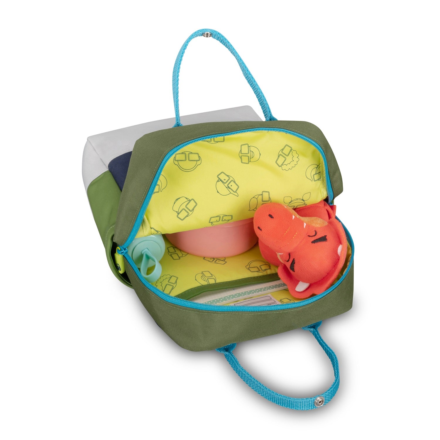 Kinderrucksack 'Linus' geöffnet mit rotem Stofftier, Trinkflasche und Brotdose innen