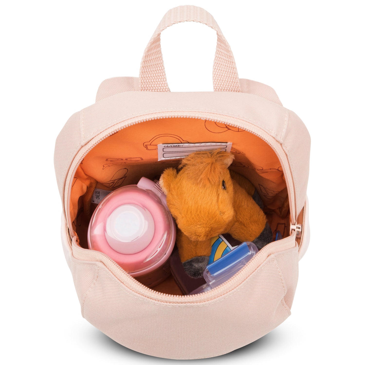 Kinderrucksack 'Leo' rosa mit offener Haupttasche, gefüllt mit rosa Trinkflasche und Plüschtier