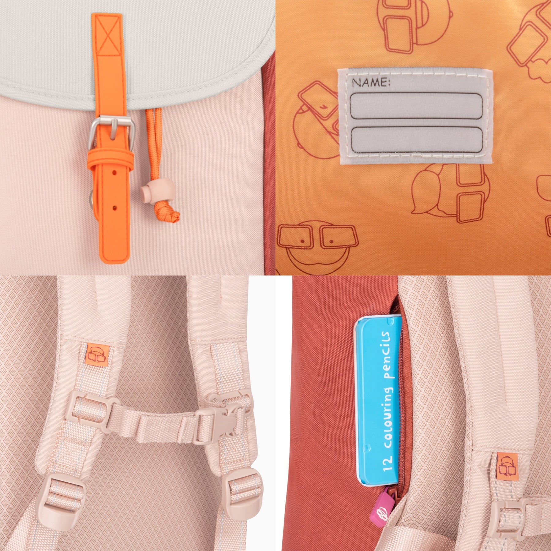 Kinderrucksack 'Liam' mit buntem Muster, Namensschild, verstellbaren gepolsterten Trägern und seitlicher Tasche mit blauer Box '12 colouring pencils'