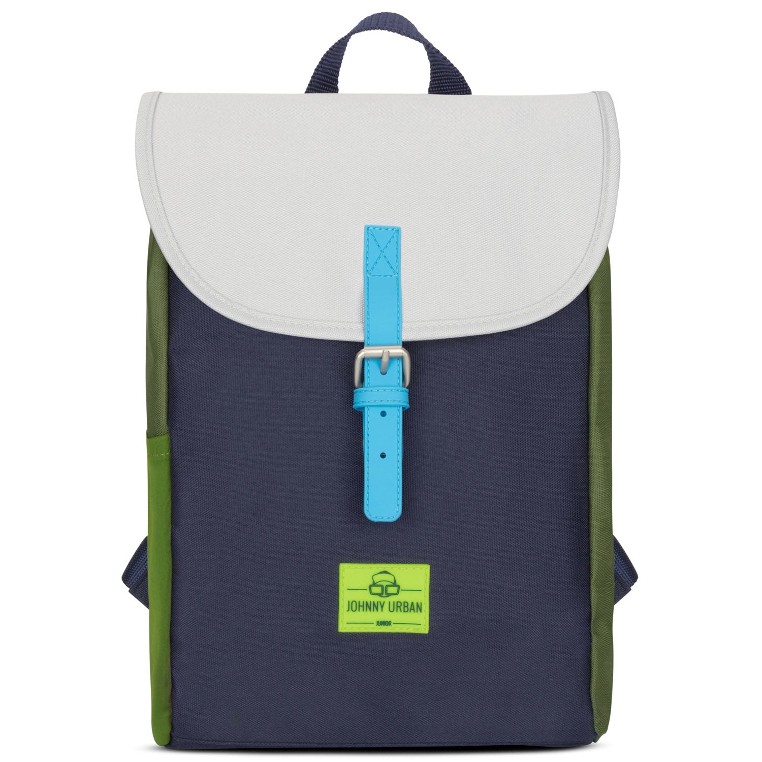 Kinderrucksack 'Liam' von Johnny Urban mit dunkelblauem Hauptfach, weißem Deckel, blauem Verschlussriemen und grünen Seitenteilen