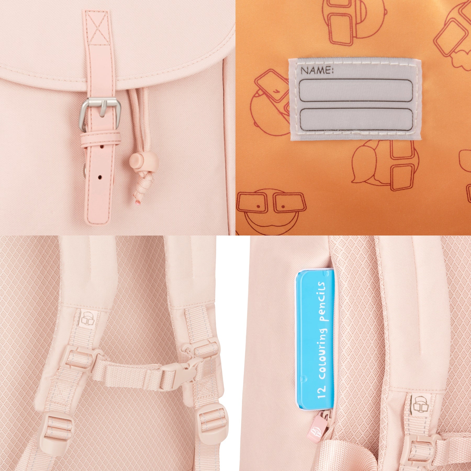 Kinderrucksack 'Liam' in Rosa mit verstellbarem Bügelverschluss, Namenfeld in Orange mit Emoticons, gepolsterten Trägern und Seitentasche mit Buntstiften