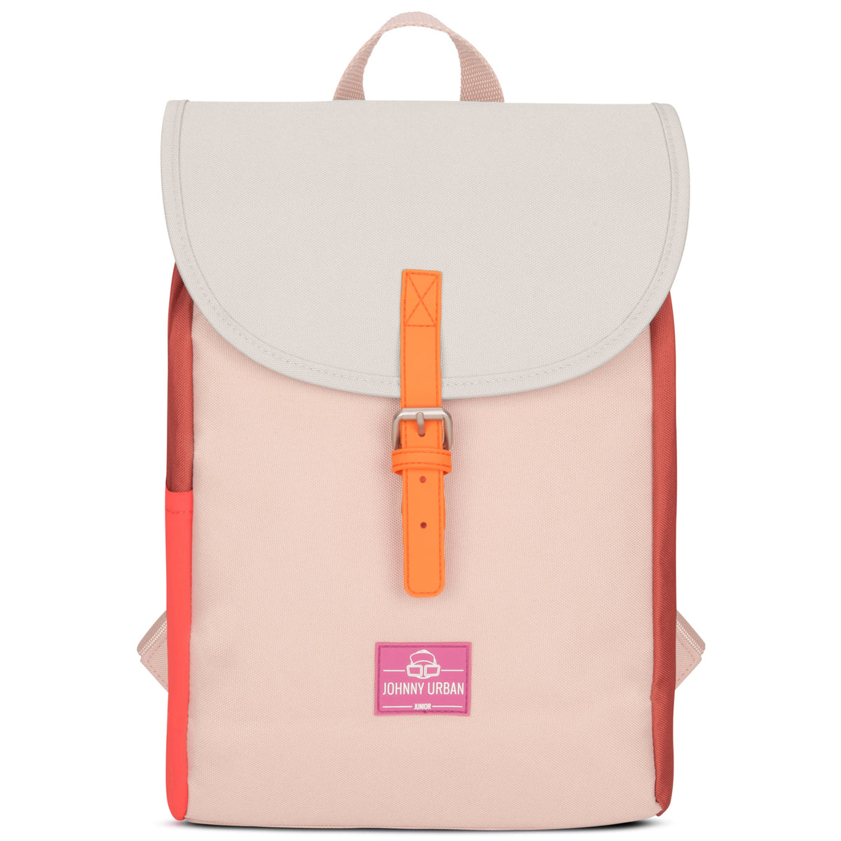 Kinderrucksack 'Liam' in Rosa mit hellem klappbarem Deckel und orangefarbenem Verschlussriemen