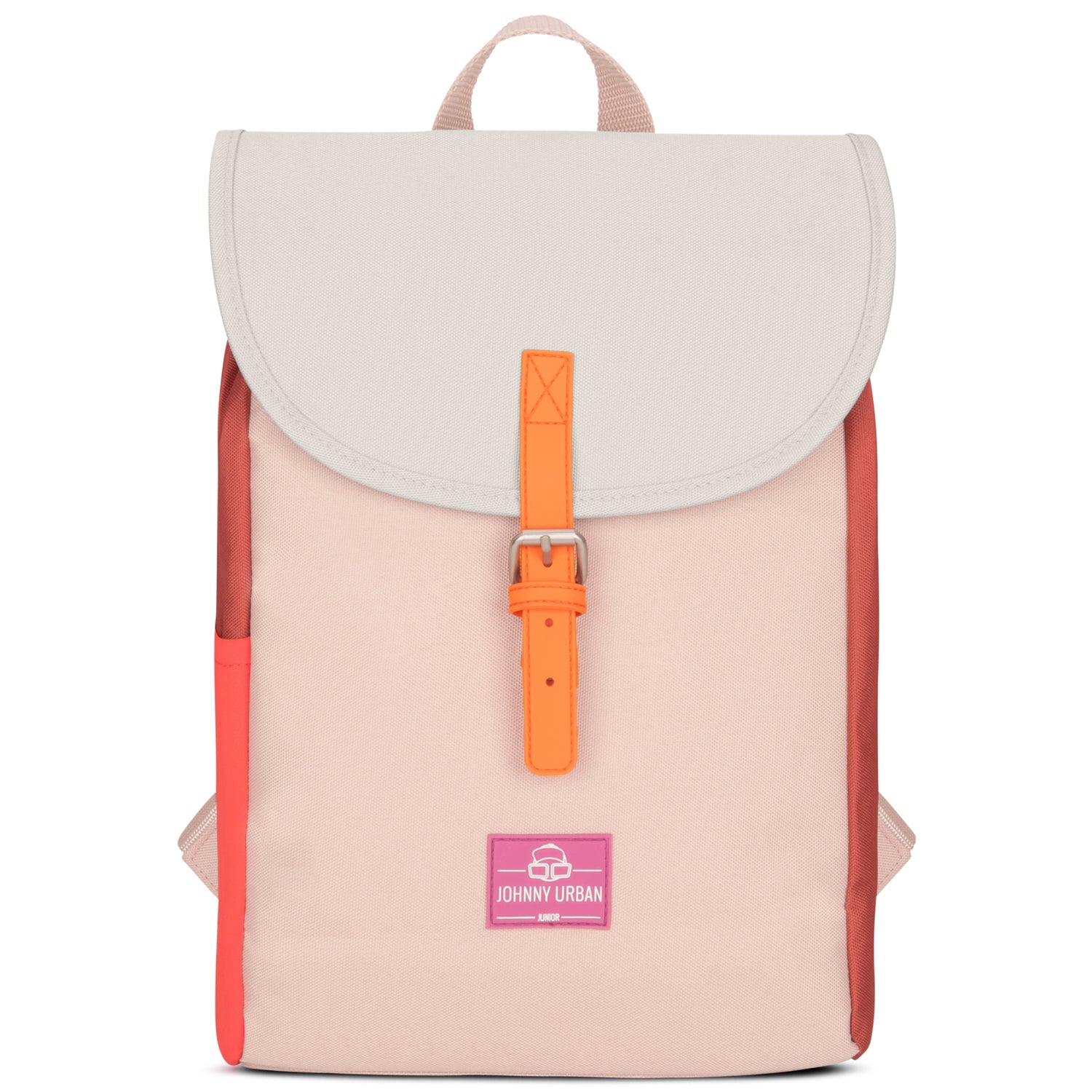Kinderrucksack 'Liam' in Rosa mit hellem klappbarem Deckel und orangefarbenem Verschlussriemen