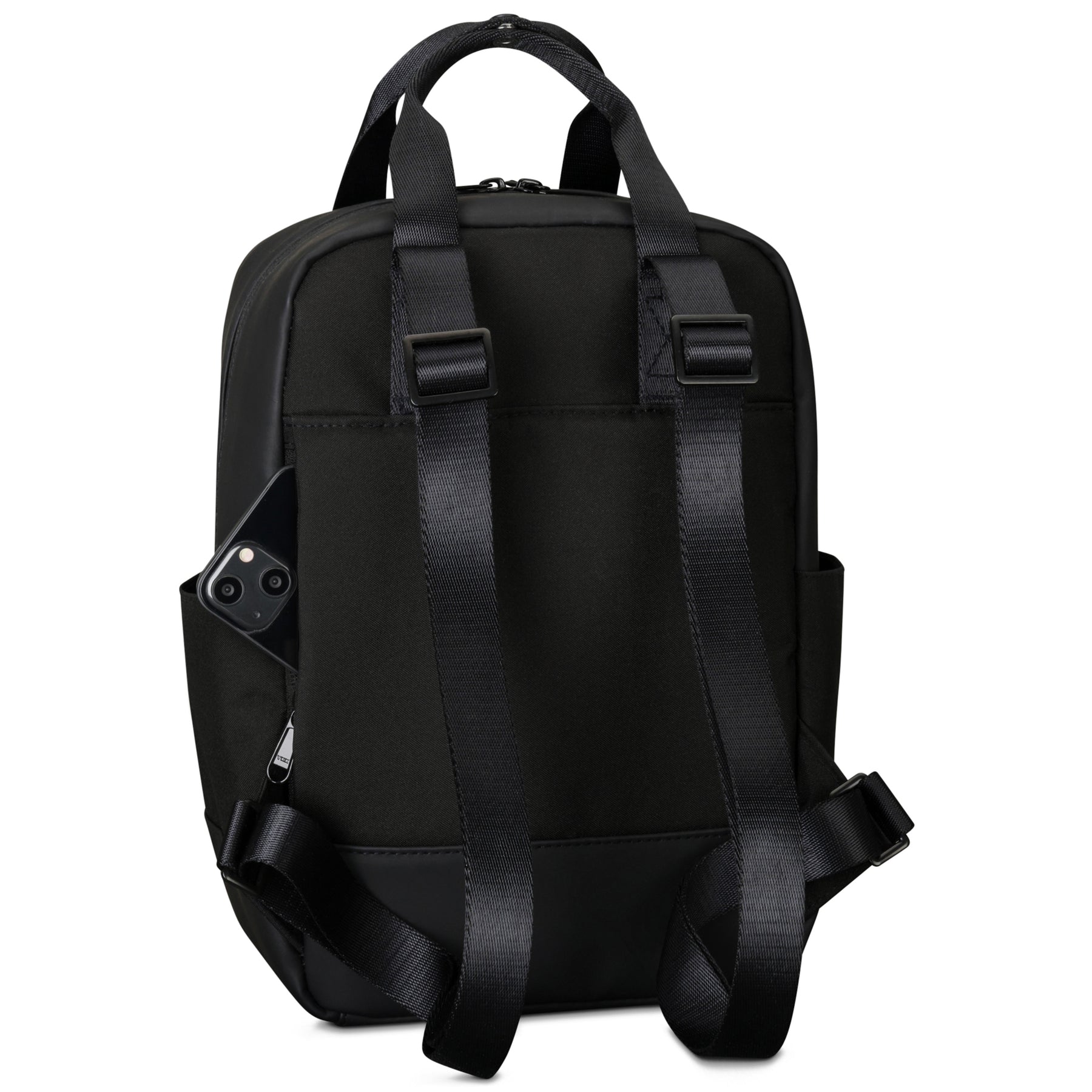Schwarzer Jona Small Rucksack von Johnny Urban mit verstellbaren Schulterriemen und seitlicher Außentasche mit Smartphone