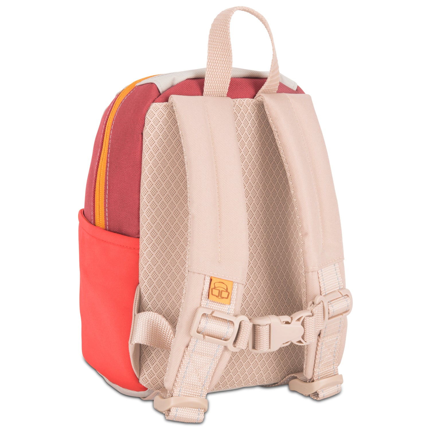 Kinderrucksack 'Leo' mit gepolsterten, hellbeigen Trägern und rot-orangefarbenem Rückenteil