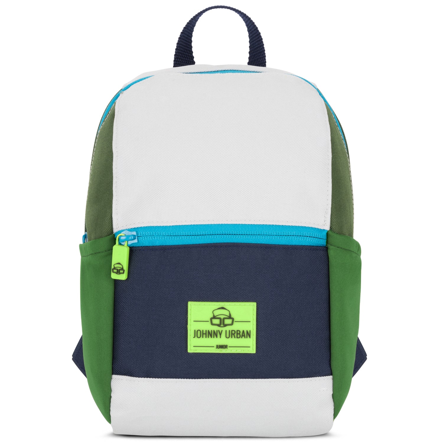 Kleiner Kinderrucksack Leo von Johnny Urban in Weiß, Dunkelblau und Grün mit türkisem Reißverschluss und grünem Logo