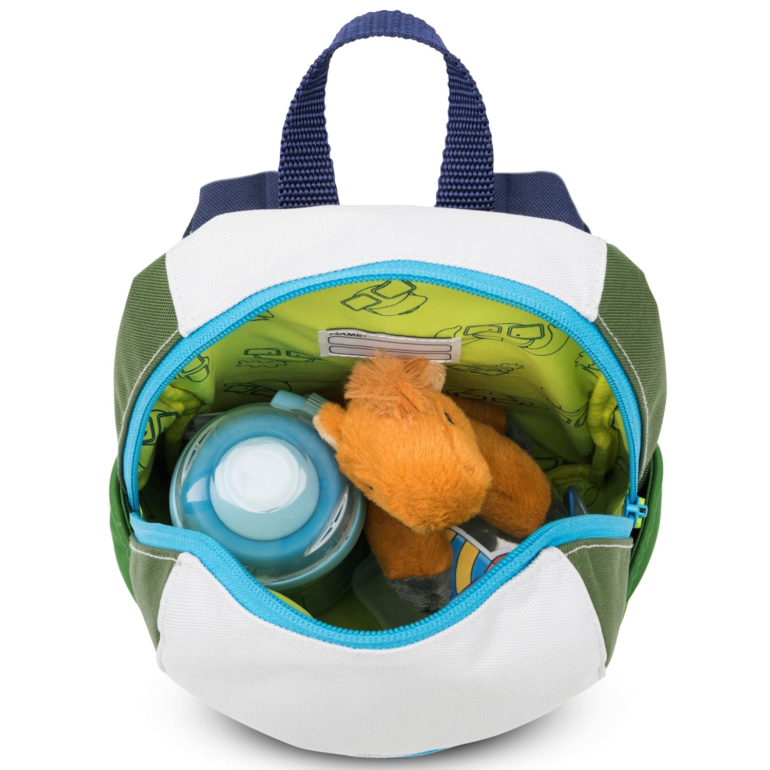 Kleiner Kinderrucksack 'Leo' mit blauem Reißverschluss, grünen und weißen Flächen, gefüllt mit einer Wasserflasche und einem braunen Stofftier