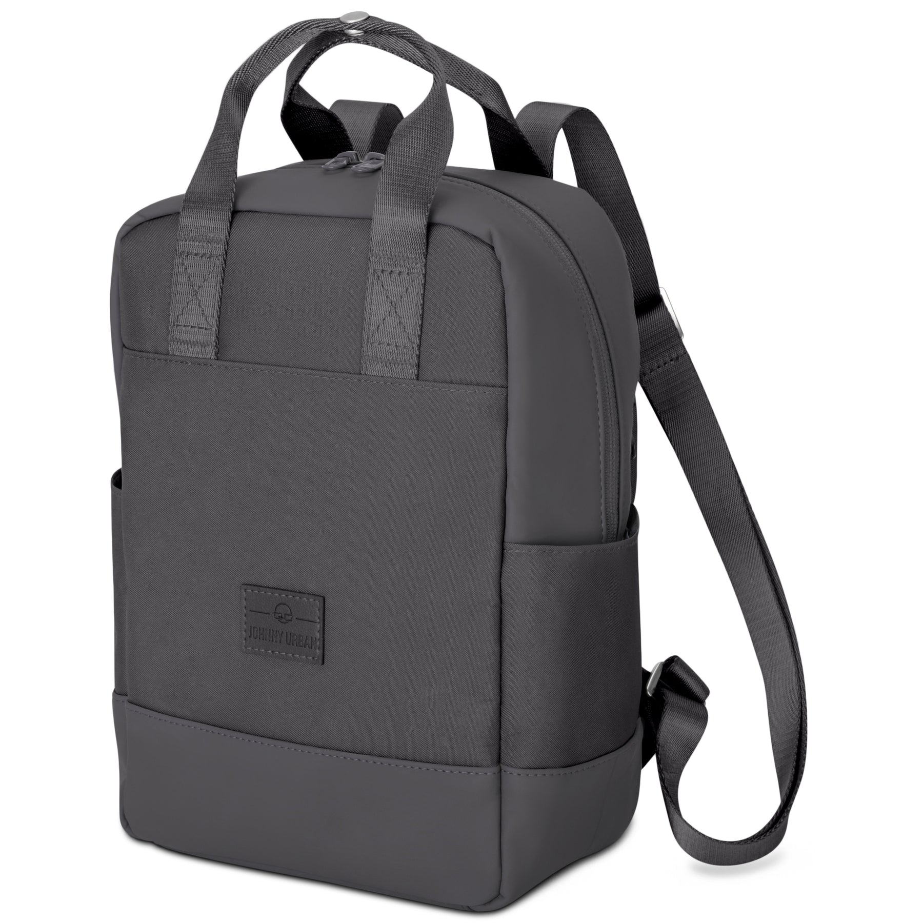 Kleiner dunkelgrauer Jona Small Rucksack von Johnny Urban mit zwei Tragegriffen und zwei Seitentaschen