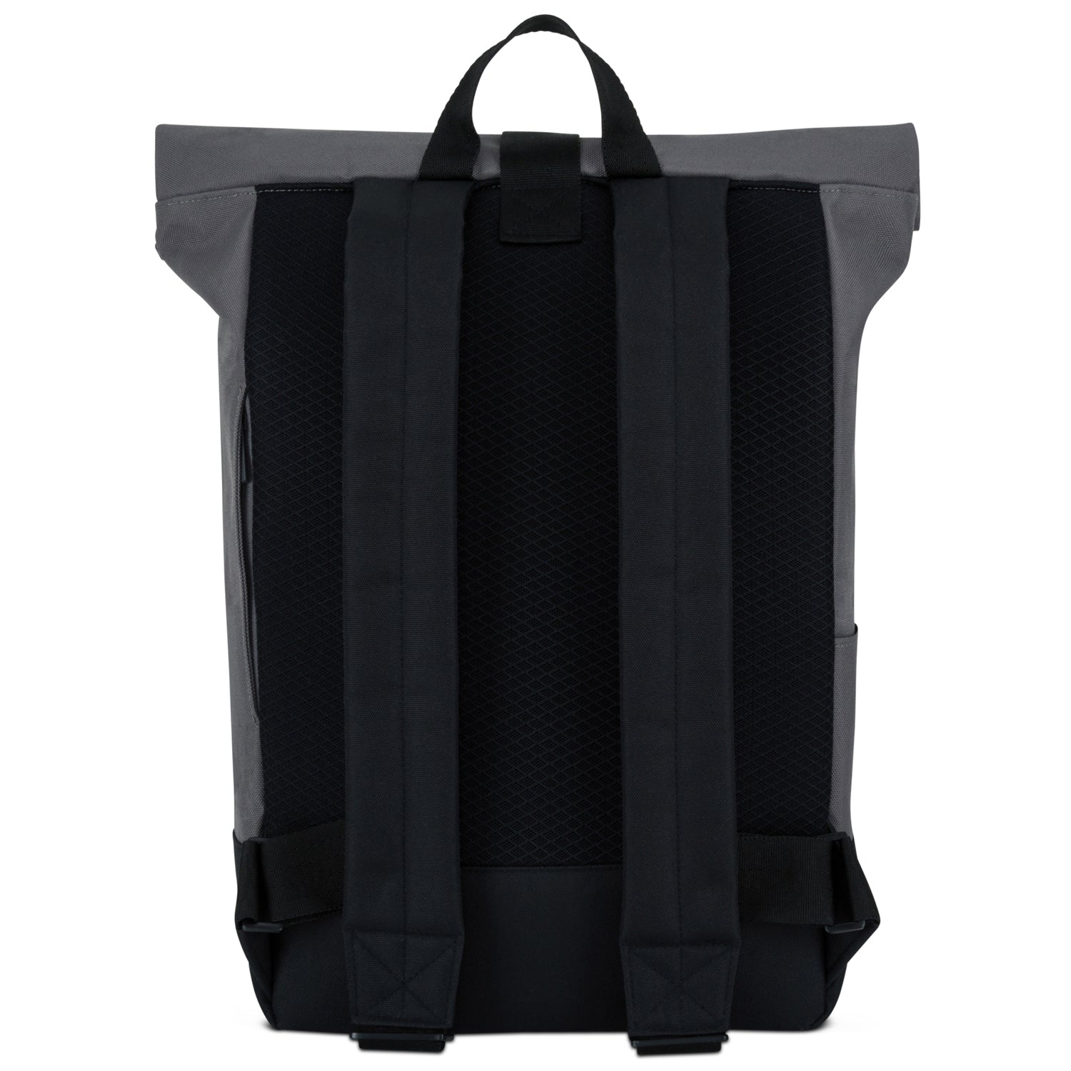 Rückseite des Rolltop Rucksacks 'Ryan' mit gepolsterten schwarzen Schultergurten und grauem Oberteil