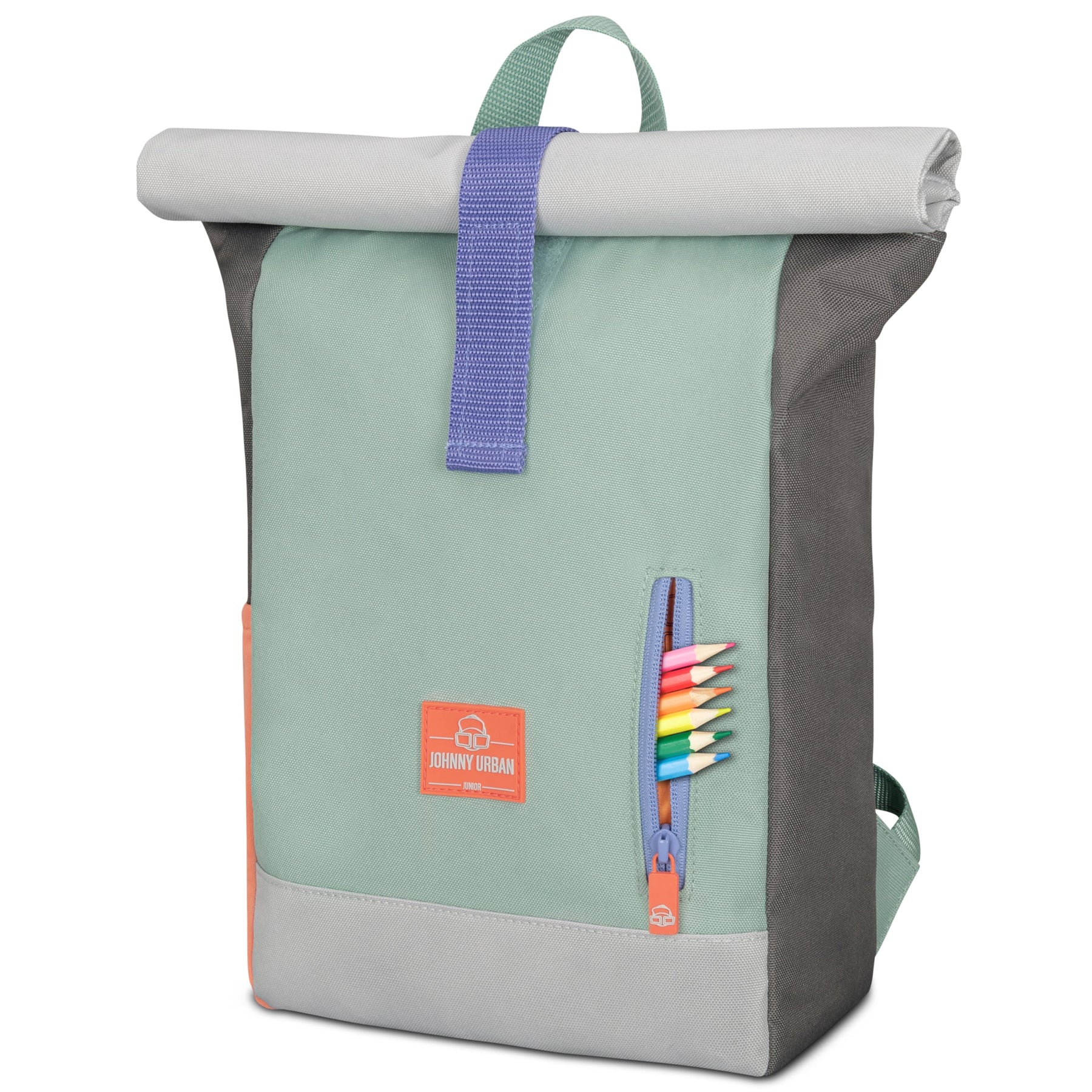 Rolltop Kinderrucksack 'Aaron' von Johnny Urban in Grün und Grau mit seitlichem Reißverschlussfach und bunten Buntstiften