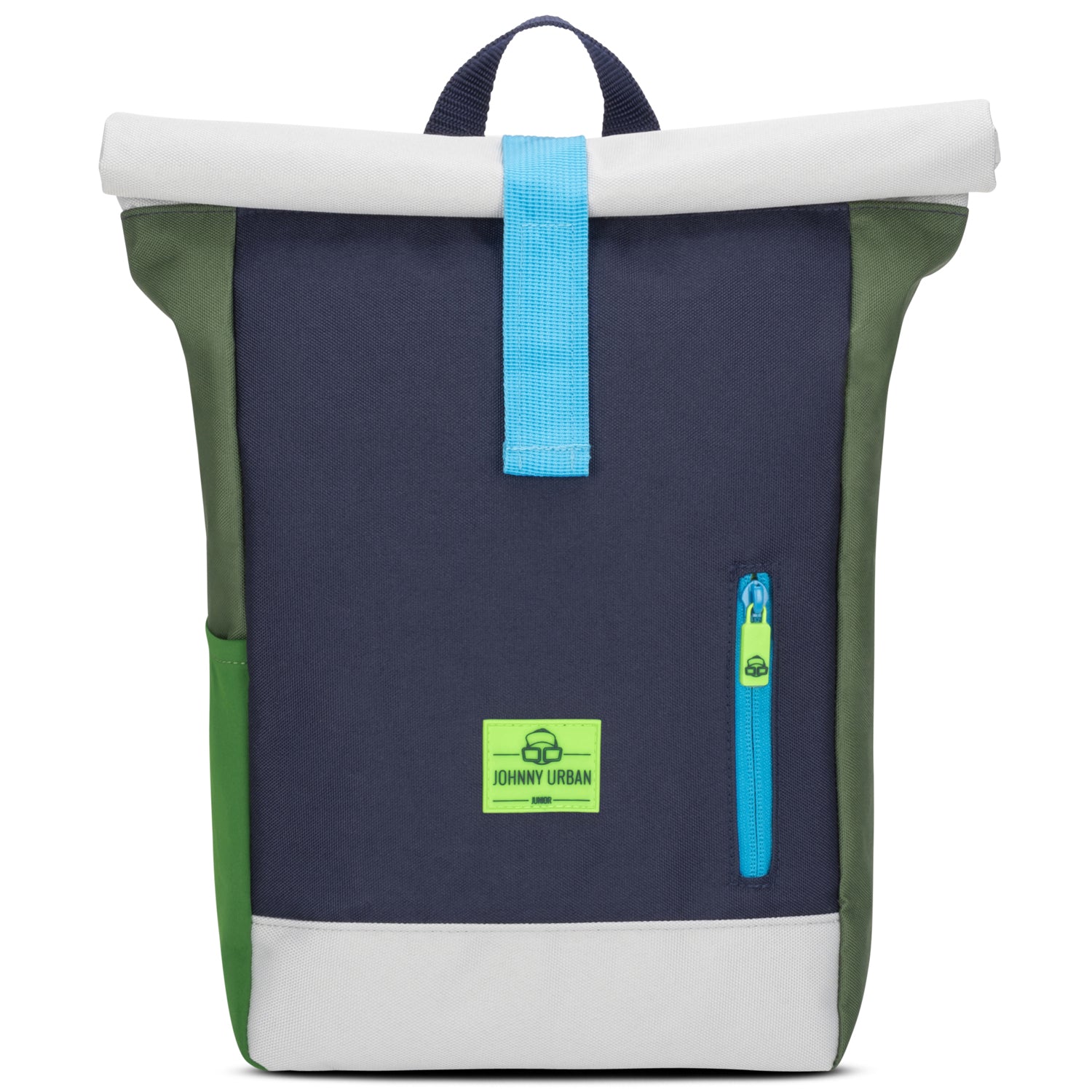 Rolltop-Kinderrucksack Aaron in Blau-Grün mit hellem Rollverschluss und seitlichem Reißverschluss von Johnny Urban