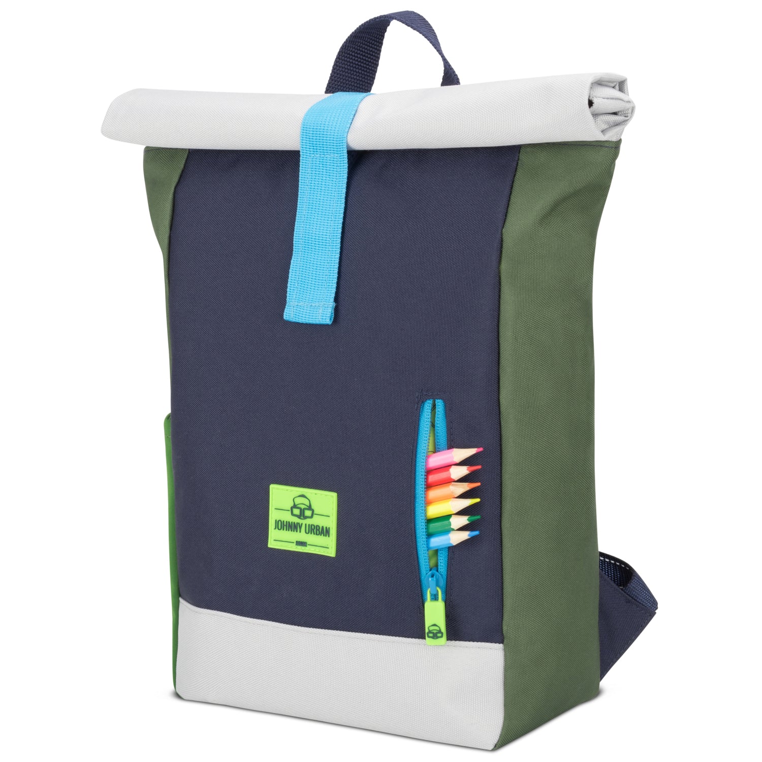 Rolltop Kinderrucksack 'Aaron' von Johnny Urban in Blau mit grünem Rand, seitlichem Reißverschlussfach mit Buntstiften