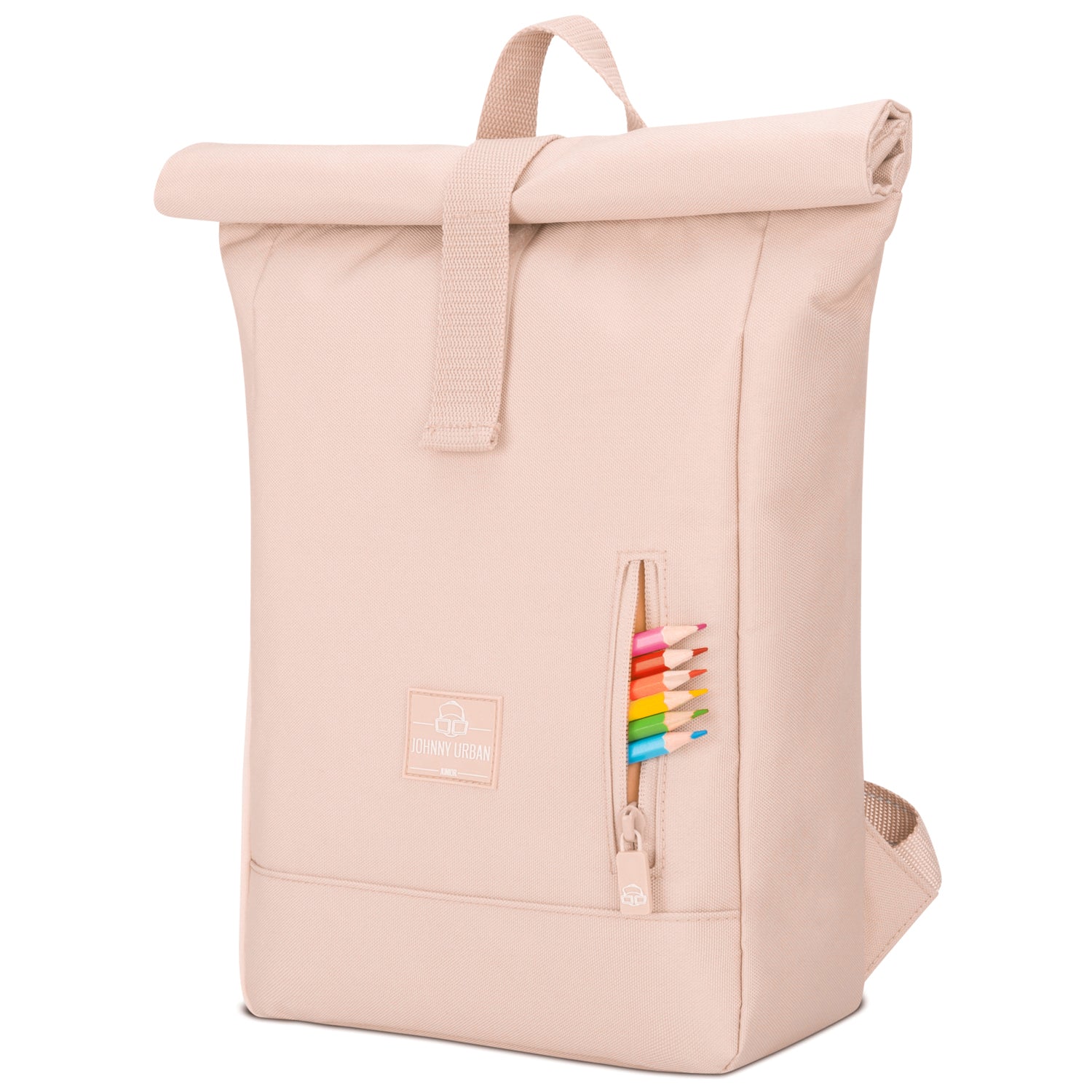 Rolltop Kinderrucksack Aaron in Rosa mit seitlichem Reißverschlussfach, gefüllt mit bunten Buntstiften