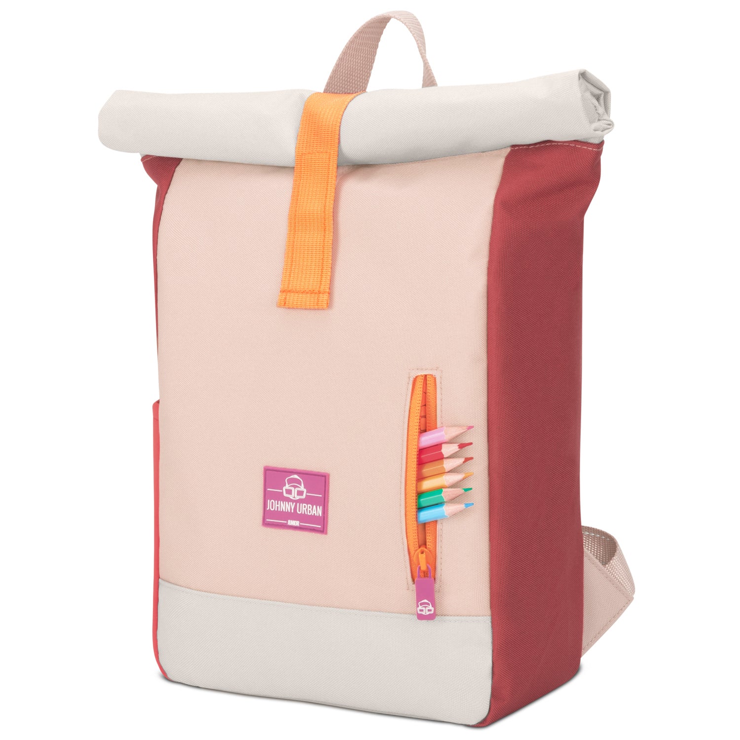 Rolltop Kinderrucksack 'Aaron' in Rosa mit bunten Farbstiften in vorderseitiger Reißverschlusstasche