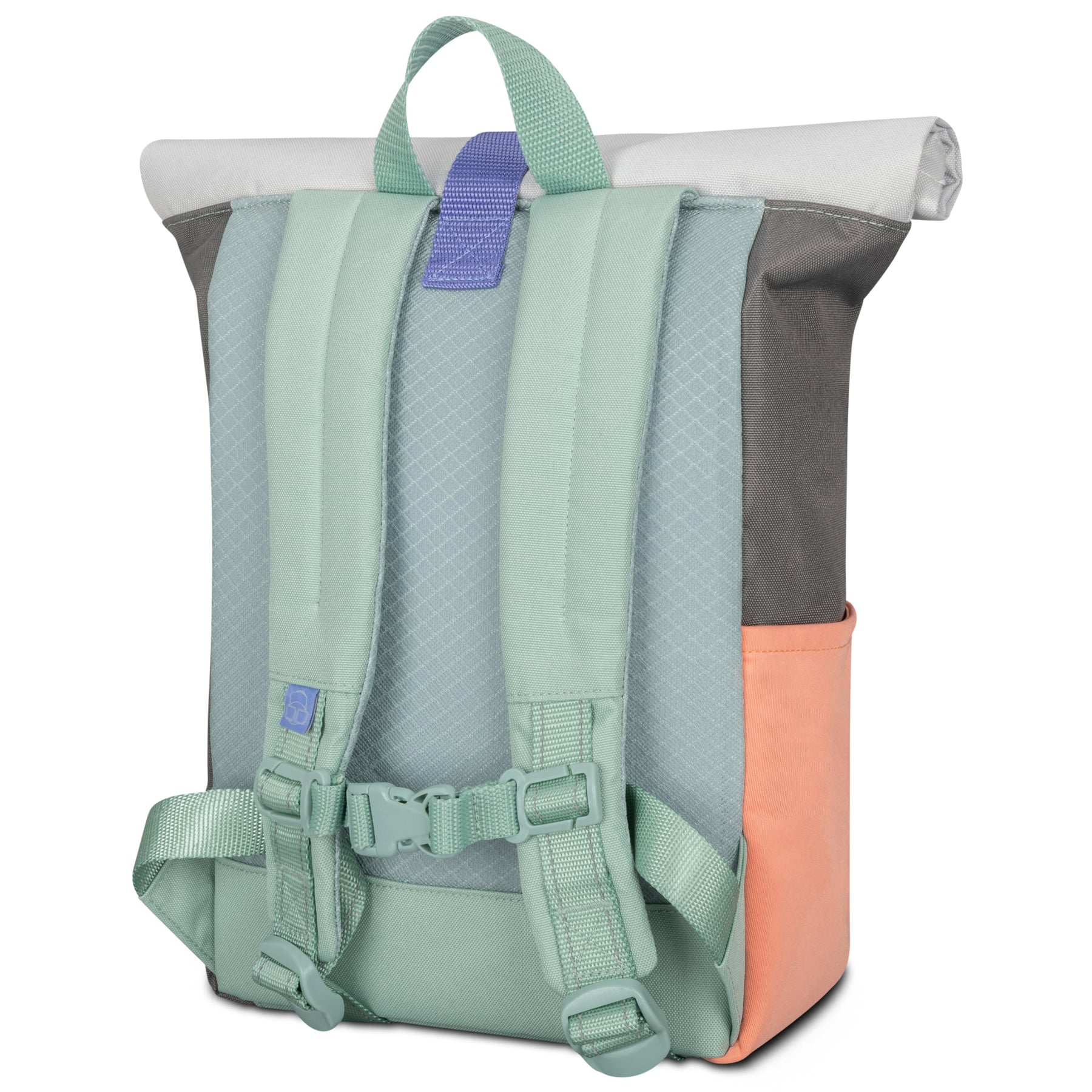 Rolltop-Kinderrucksack Aaron mit gepolsterten, mintgrünen Schulterriemen, grauem Rücken und aprikotfarbenem Seitentaschenfach
