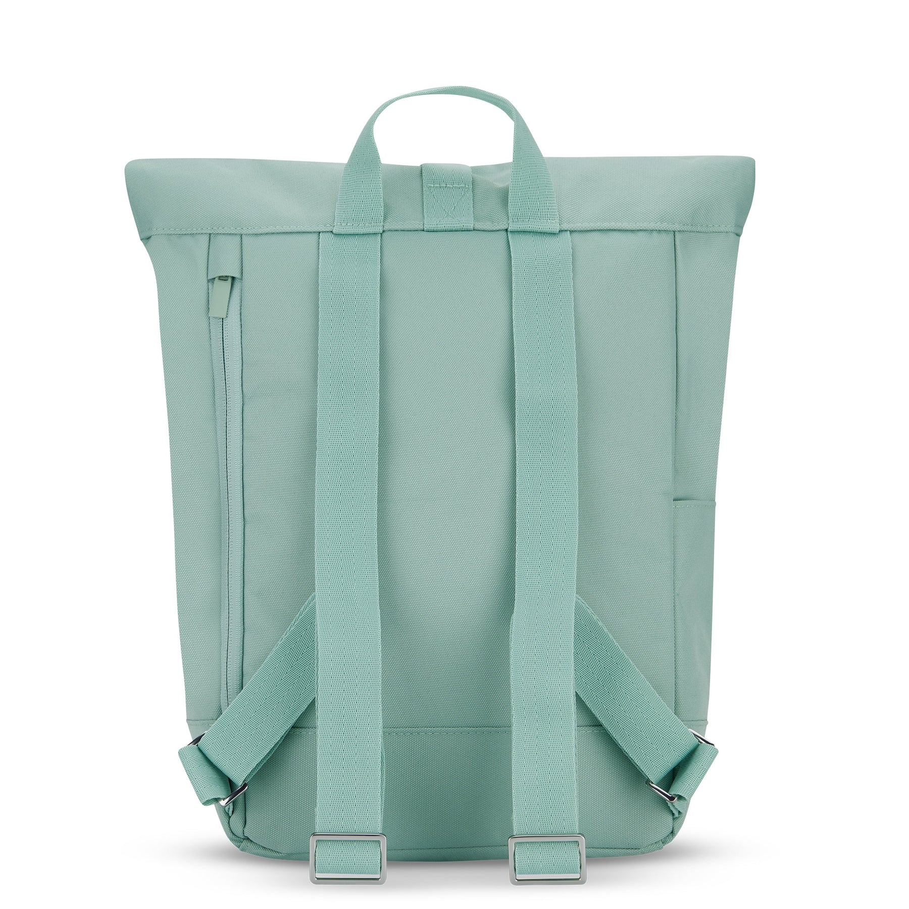 Rolltop Rucksack Robin Small in mintgrün, Rückseite mit gepolsterten Schultergurten und Trageschlaufe
