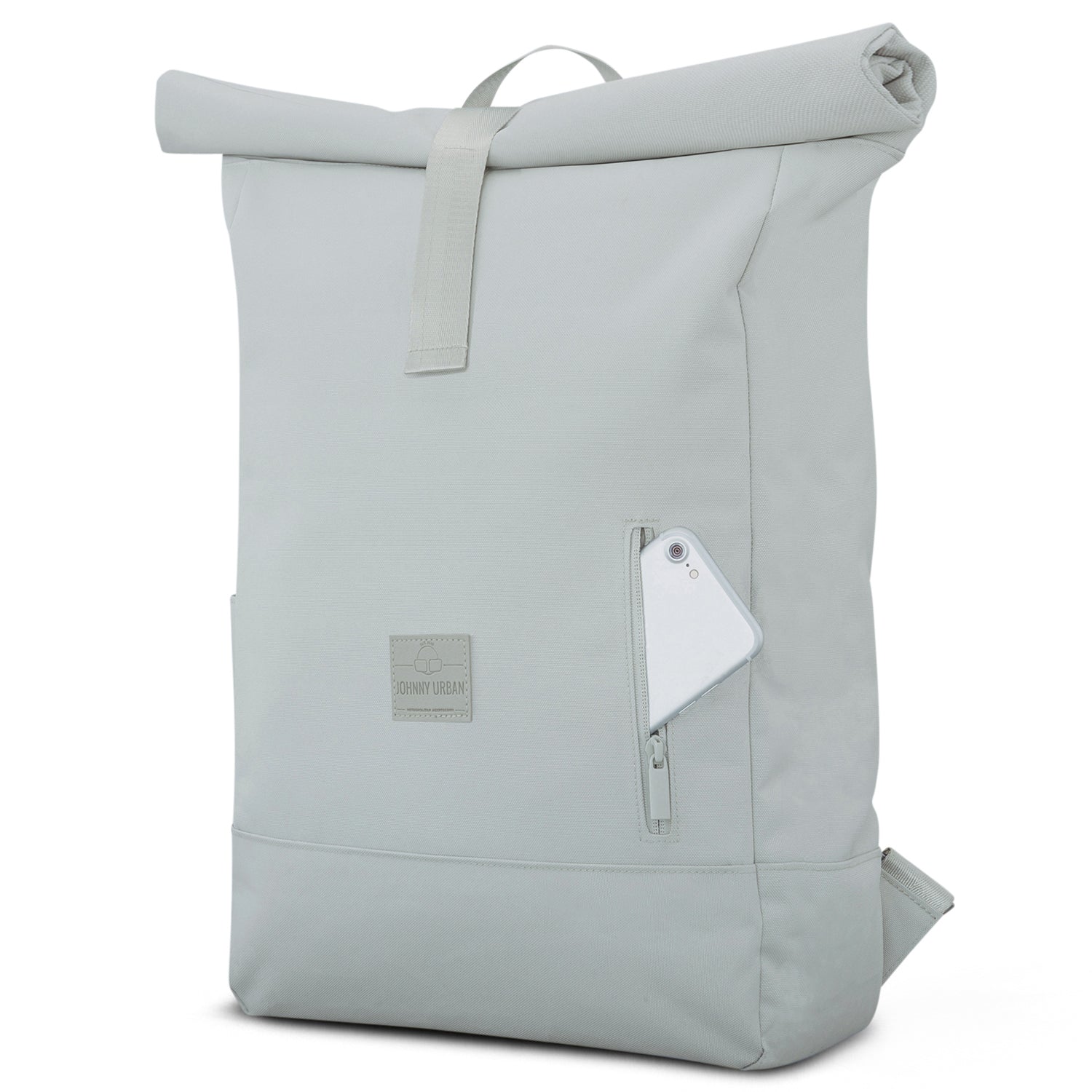 Rolltop Rucksack 'Robin Large' in Grau mit seitlicher Reißverschlusstasche und Smartphone