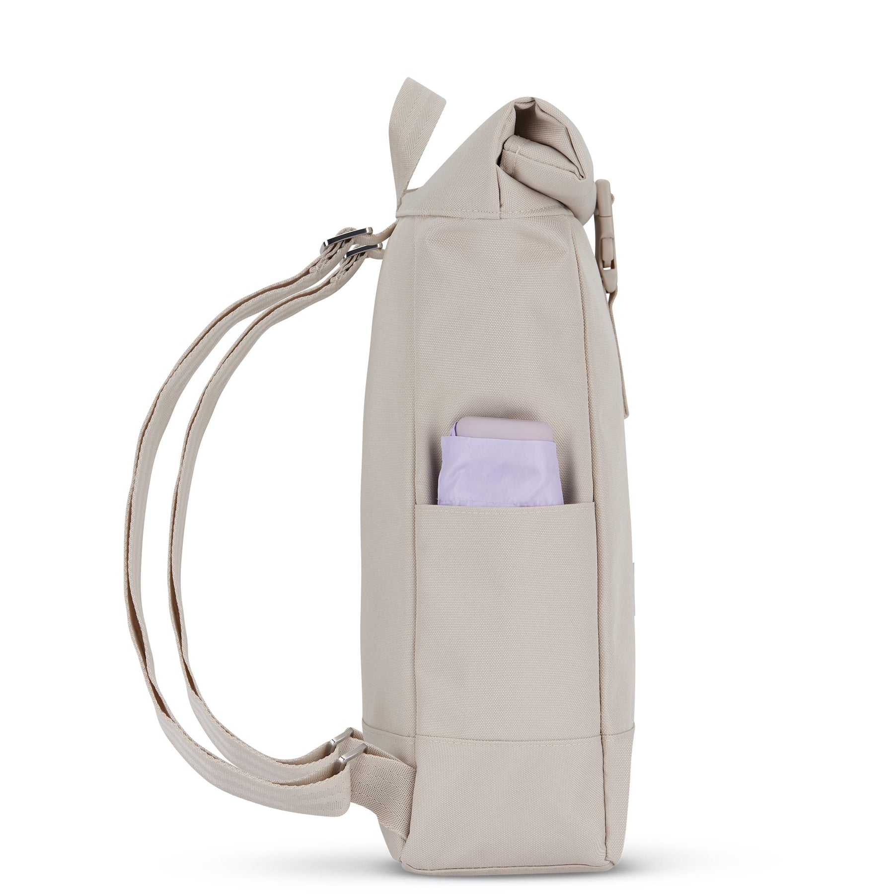 Beiger, kleiner Rolltop-Rucksack 'Robin Small' mit seitlicher Tasche und verstellbaren Schulterriemen
